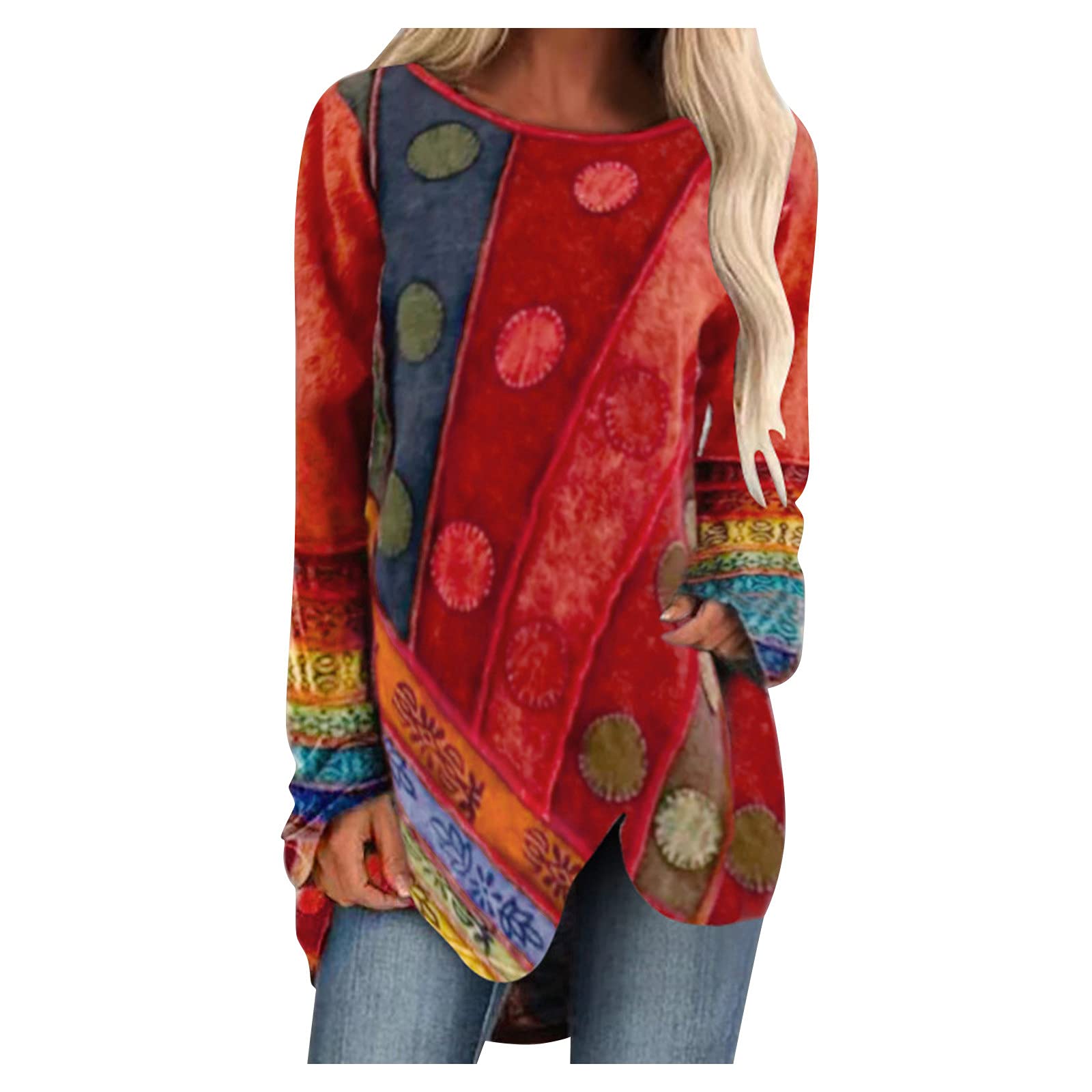 Women's Long Sleeve Casual Shirts - Loose Fit Crewneck Tops with Beautiful Prints for Tall Women | Perfect for Everyday Wear, Office Outfits & Fall Layering