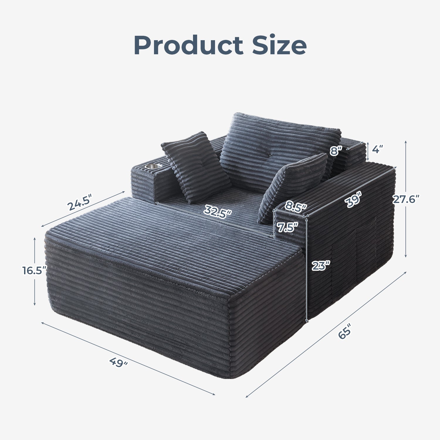 MAXYOYO 65x49 Oversized Chaise Lounge Sofa - Ultra Comfortable Cloud Couch with 3 Pillows, Dark Grey - Perfect for Living Room, Bedroom & Home Office Relaxation