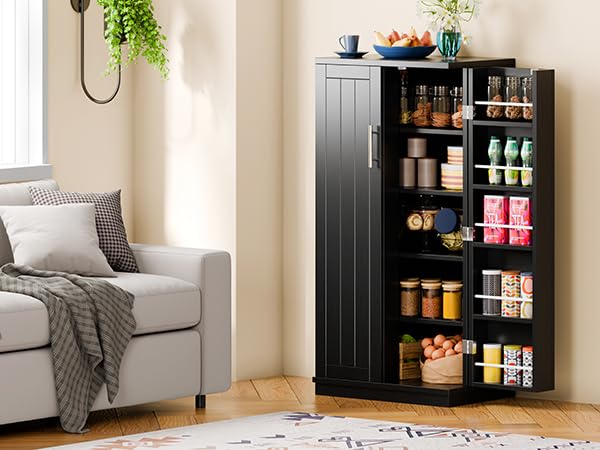 Meilocar 47-Inch Wooden Pantry Cabinet with Adjustable Shelves & Doors - Freestanding Kitchen Storage Cupboard for Pantry, Living Room, Dining Room & Office (Black) | Perfect for Organizing Food, Dishes & Home Essentials