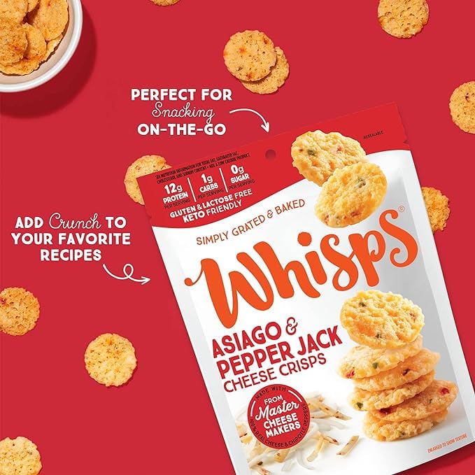 Whisps Asiago & Pepper Jack Cheese Crisps - High Protein, Low Carb, Keto, Gluten Free Snacks - Healthy Protein Chips for Weight Loss & Diet (2.12 Oz, 4 Pack) - Perfect for Office Snacks, School Lunch, and On-the-Go Keto Diet