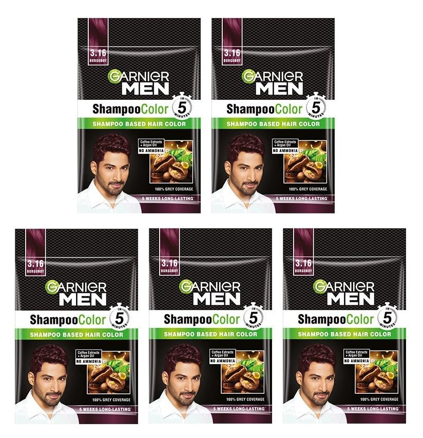 Garnier Men's Burgundy Hair Color Shampoo - Shade 3.16 (5 Pack) | Permanent Hair Dye for Men with Gray Coverage | At-Home Hair Coloring for DIY Styling