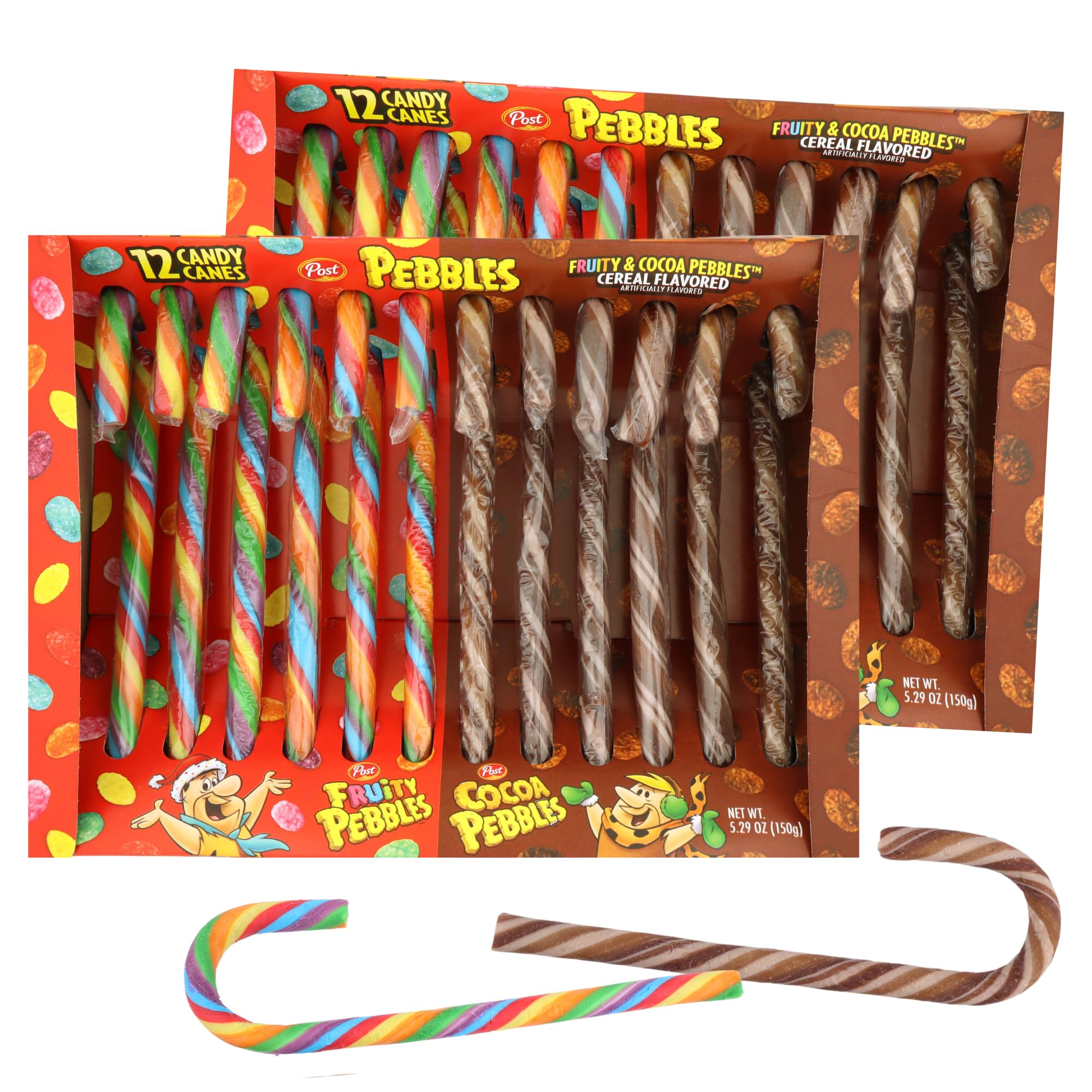 Needzo Fruity & Cocoa Pebbles Candy Canes - Breakfast Cereal Flavored Holiday Treats - Edible Christmas Tree Decorations - 12 Count (Pack of 2) - Perfect for Stocking Stuffers, Party Favors & Festive Gift Giving