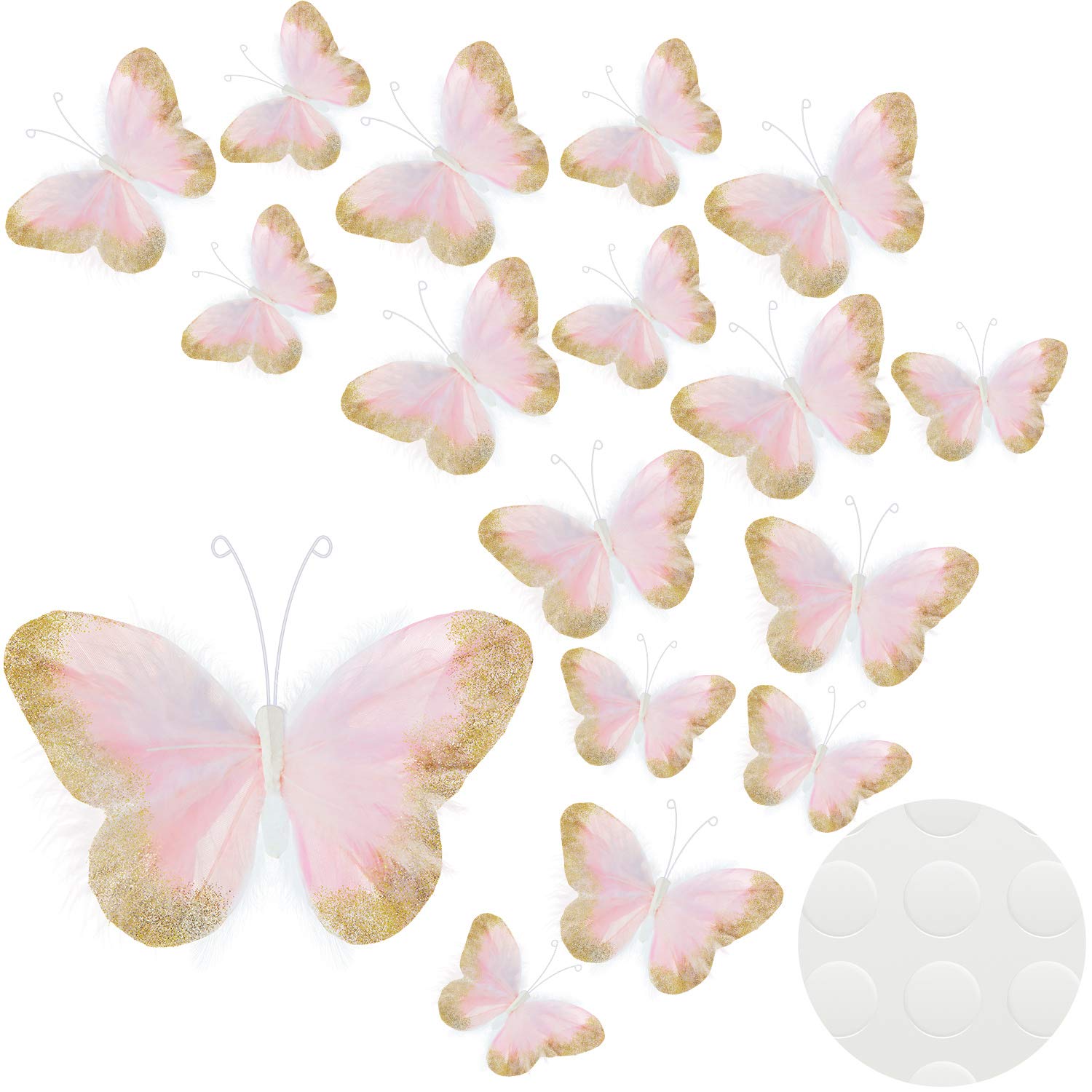 16-Piece 3D Gold Glitter Butterfly Wall Decals - Feather Butterfly Stickers for Home, Office, Bedroom, Bathroom & Living Room Decor (Light Pink) | Perfect for Nursery, Wedding, Party & DIY Wall Art Projects
