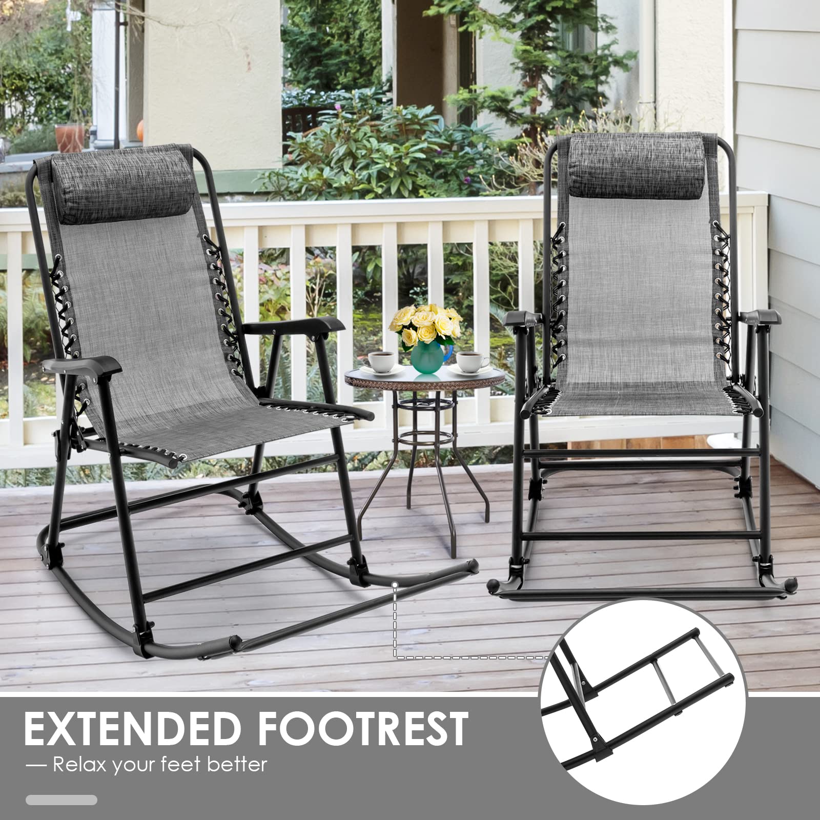 Goplus Folding Rocking Chair - Zero Gravity Camping Chair with Pillow & Armrests, Portable Lounge Rocker for Outdoor, Beach, Poolside, Yard, Garden & Indoor Use - Perfect for Relaxing, Camping, and Backyard Lounging