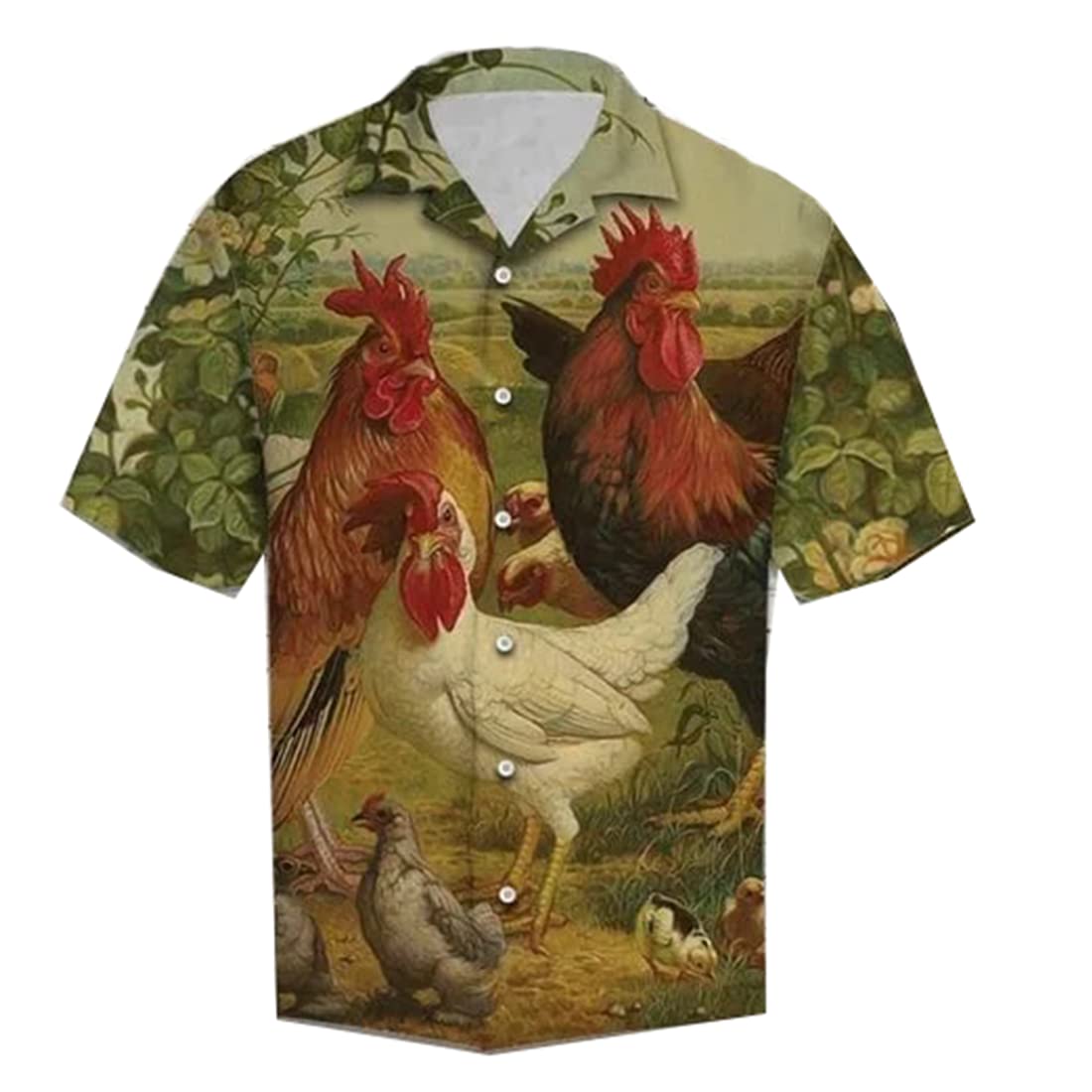 Men's Hawaiian Shirt with Chicken & Rooster Print - Short Sleeve Button Down Aloha Shirt for Summer | Beach Vacation, Luau Party & Casual Wear