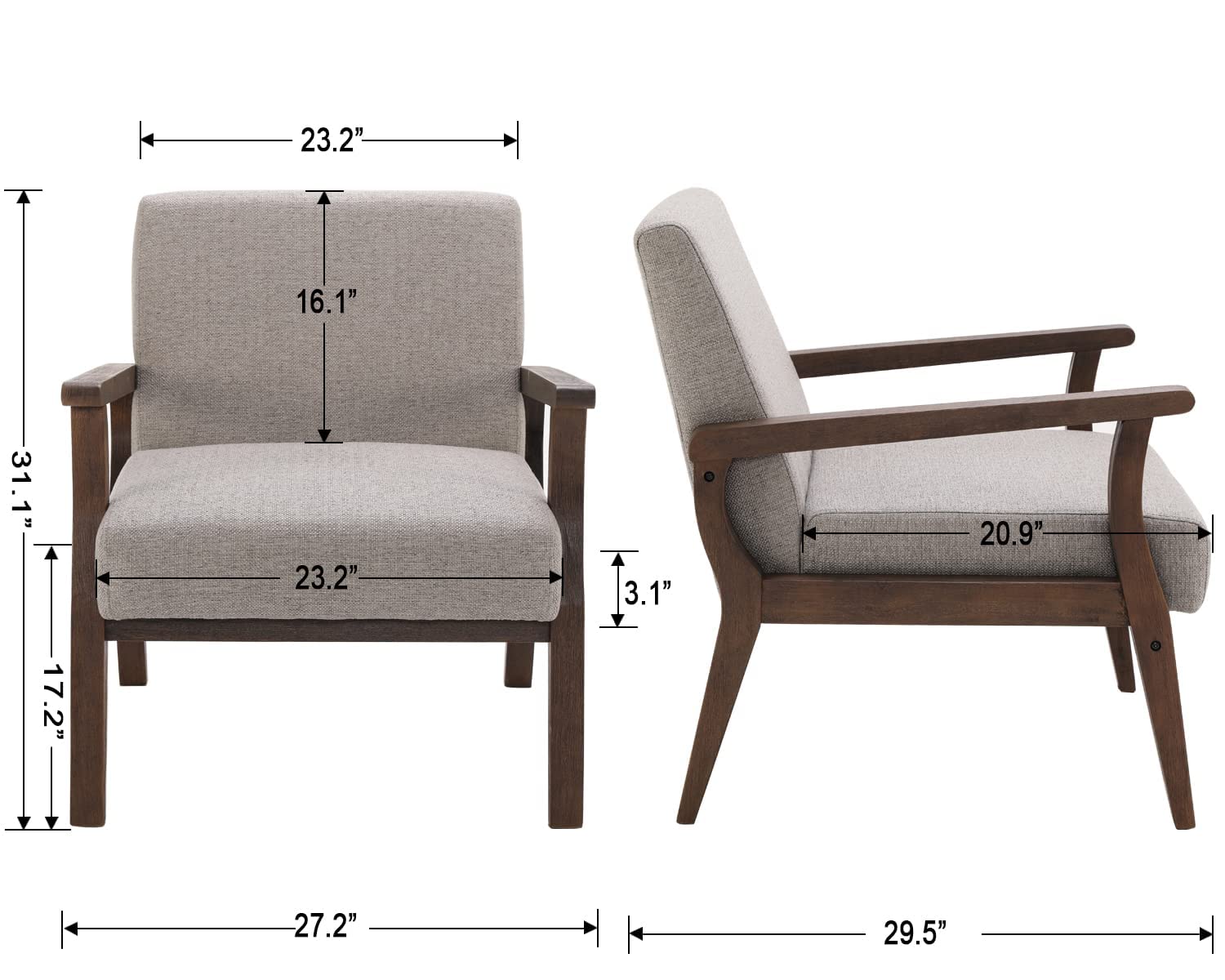 Mid Century Modern Accent Chairs Set of 2 - Solid Wood Frame & Linen Upholstery - Grey Living Room Armchairs for Home, Bedroom & Office - Perfect for Lounge, Reading Nook & Guest Seating