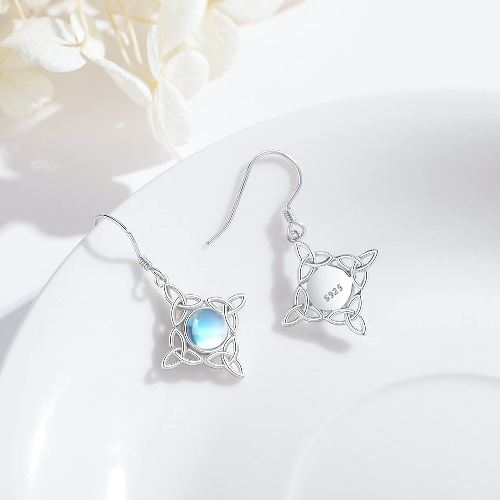 Celtic Knot Earrings 925 Sterling Silver Hypoallergenic Dangle Earrings with Moonstone & Abalone Shell - Irish Jewelry Gift for Women, Girls, Mom, Wife - Perfect for St. Patrick's Day, Weddings & Special Occasions