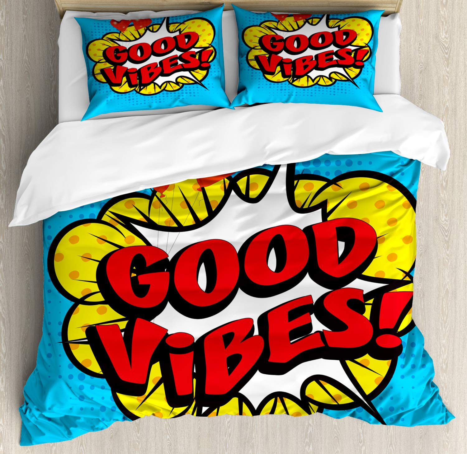 Ambesonne Pop Art Duvet Cover Set - Retro Speech Bubble & Heart Balloons Design, 3-Piece California King Bedding with 2 Pillow Shams in Blue, Yellow & Vermilion | Perfect for Modern Bedroom Decor & Gift Ideas