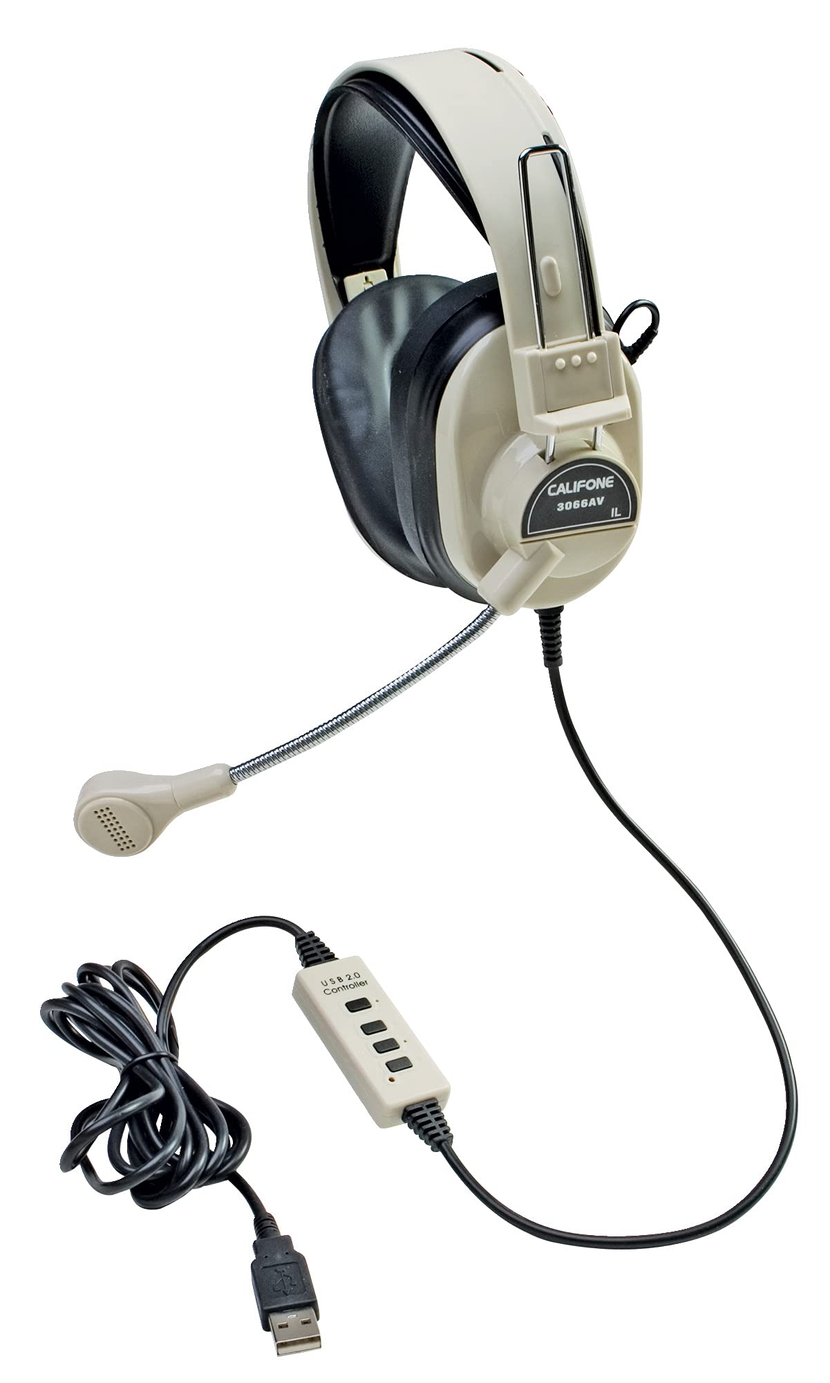 Califone 3066AV-USB Deluxe Over-Ear Stereo Headset with Adjustable Gooseneck Microphone - USB Plug for Computers & Laptops - Beige Color - Perfect for Online Classes, Call Centers & Distance Learning