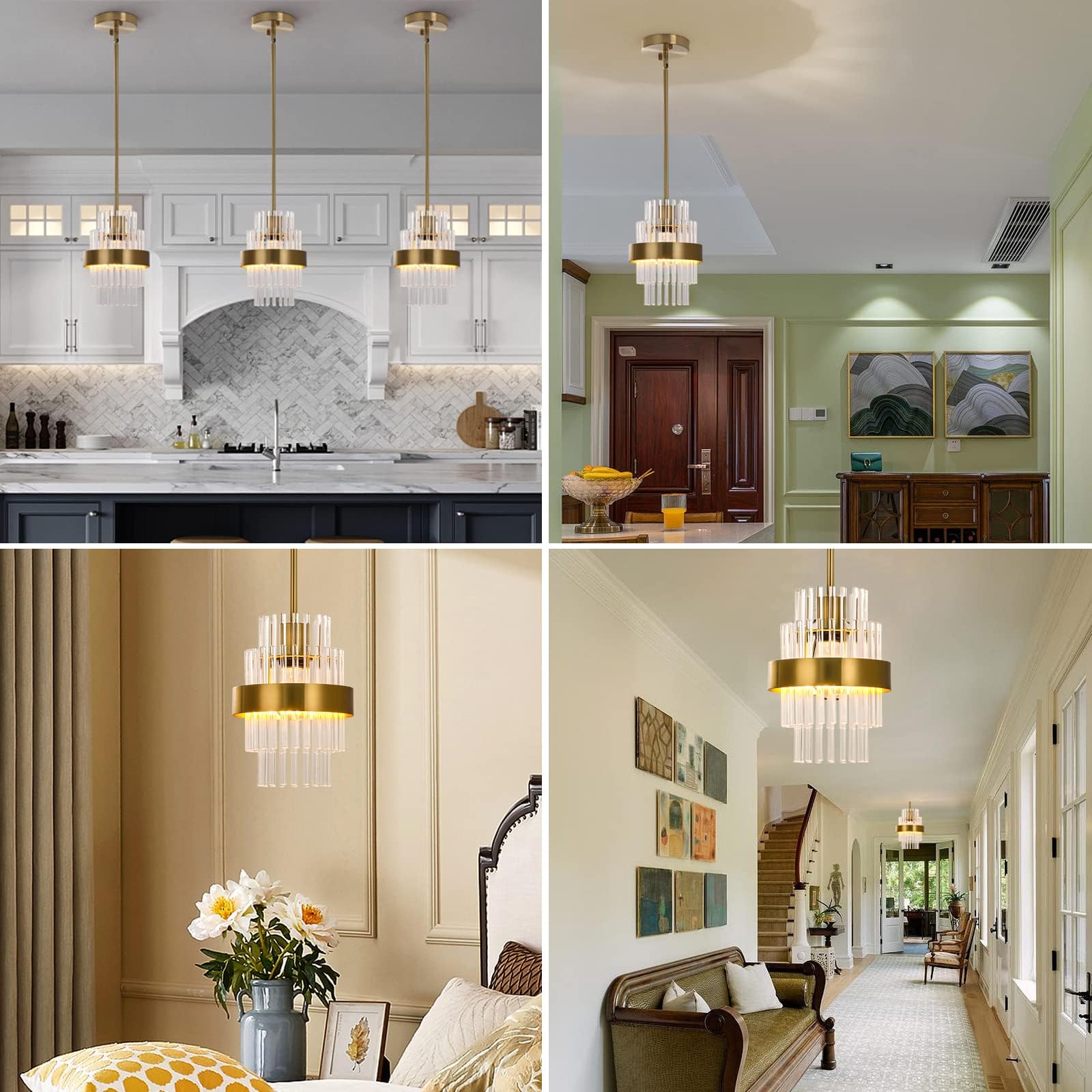 Modern Glass Pendant Light Fixtures - 7 Inch Brass Kitchen Island Lighting (2 Pack) - Adjustable Height for Dining Room, Bar Counter & Home Decor