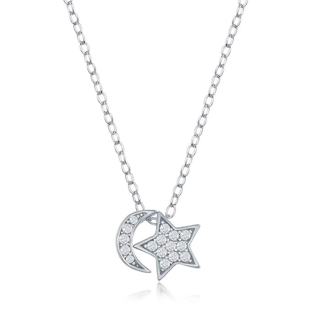 Sterling Silver Moon & Star Pendant Necklace with CZ for Gifts & Parties