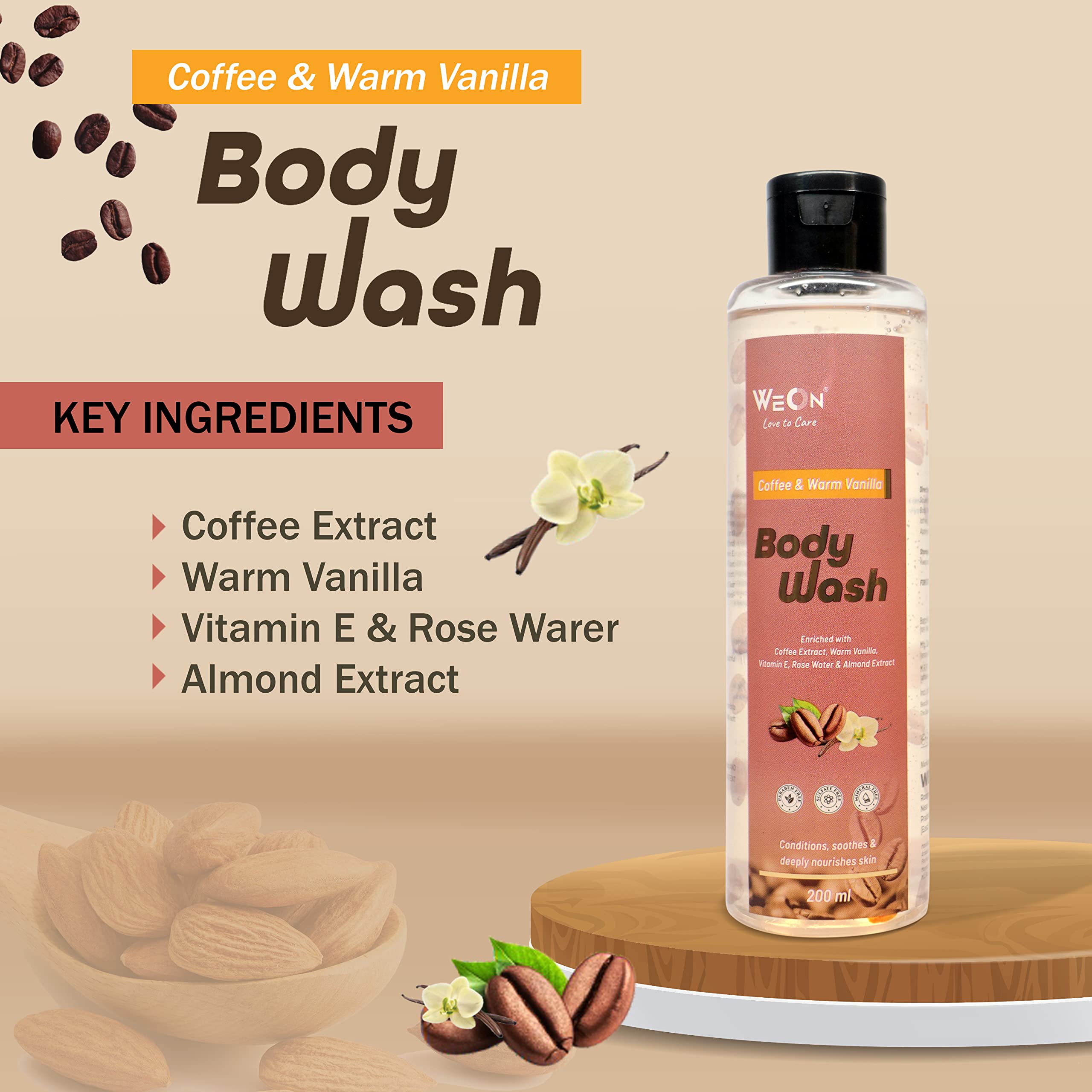 WeOn Coffee & Warm Vanilla Body Wash for Detox and Deep Cleansing – Mineral Oil & Silicone Free, Sulfate Free Shower Gel for Women & Men – 200ml x 3 Pack – Perfect for Post-Workout, Travel & Daily Skincare Routine