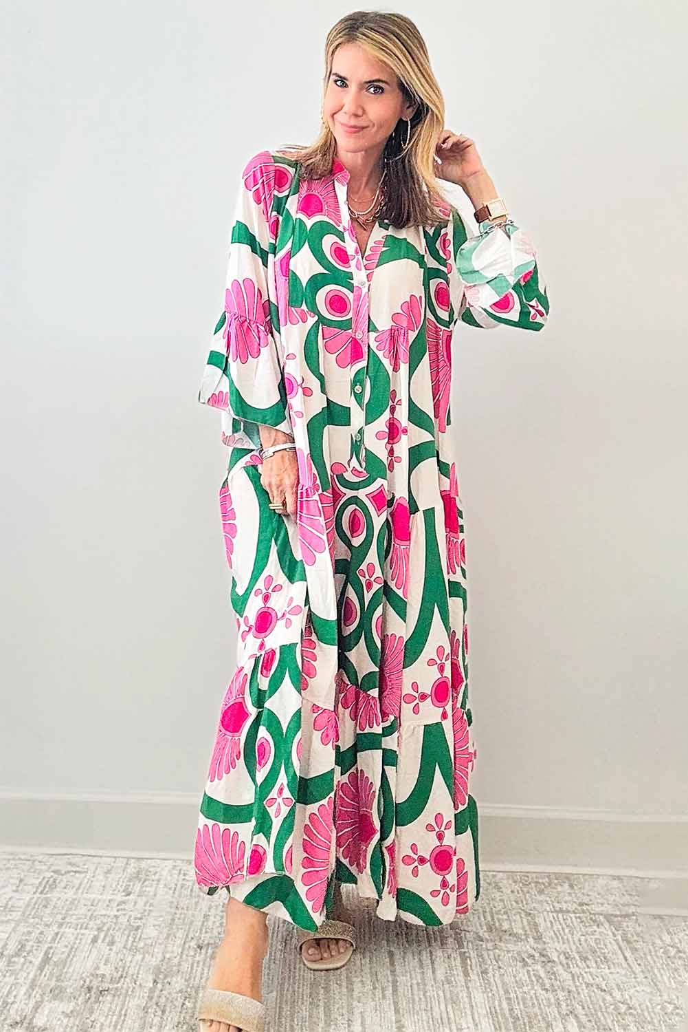 Floral Printed Notched Long Sleeve Maxi Dress for Women - Elegant Boho Style Party & Wedding Guest Dress