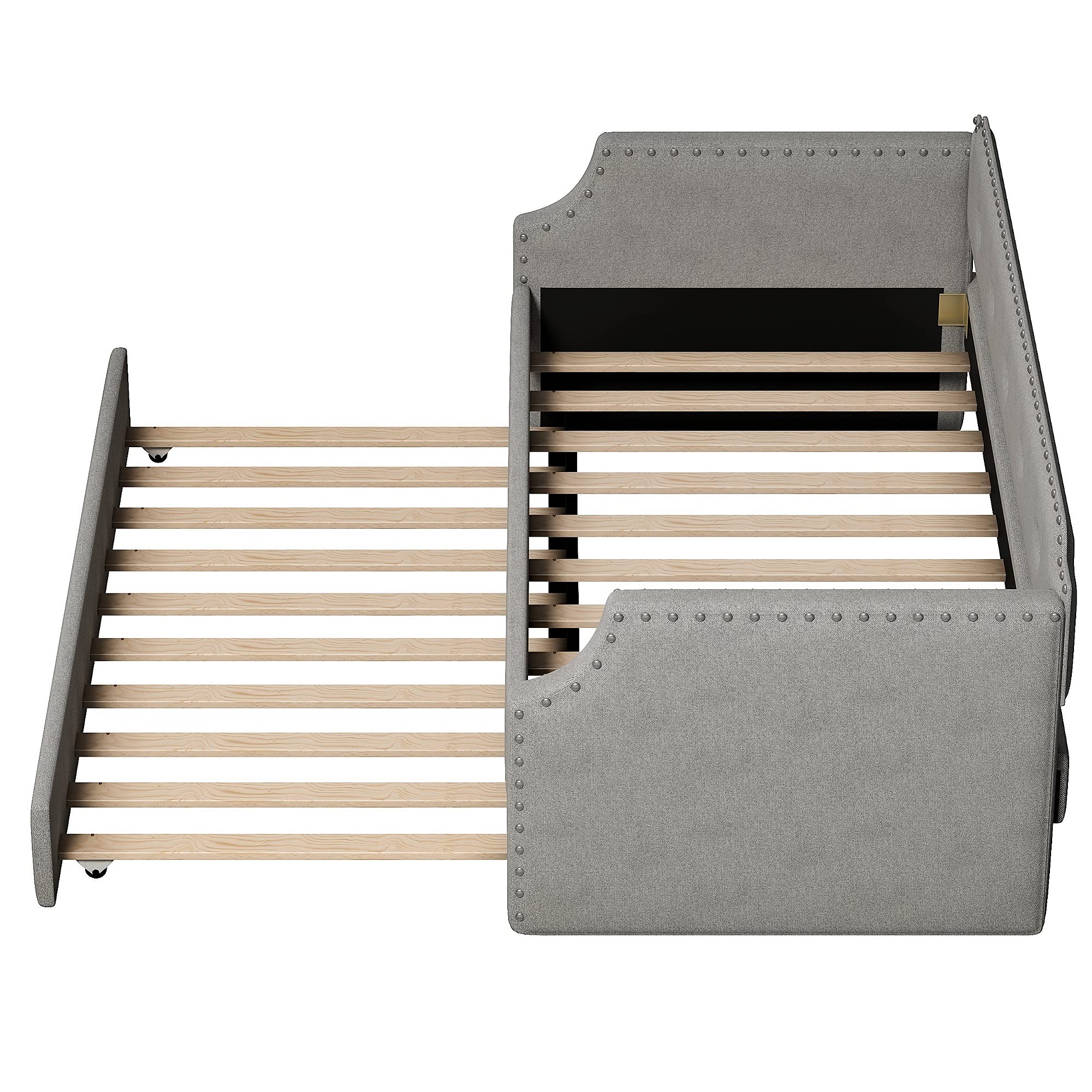 Twin Bed with Trundle - Upholstered Wood Daybed Frame, No Box Spring Needed, Grey - Perfect for Guest Rooms, Kids Rooms & Small Spaces