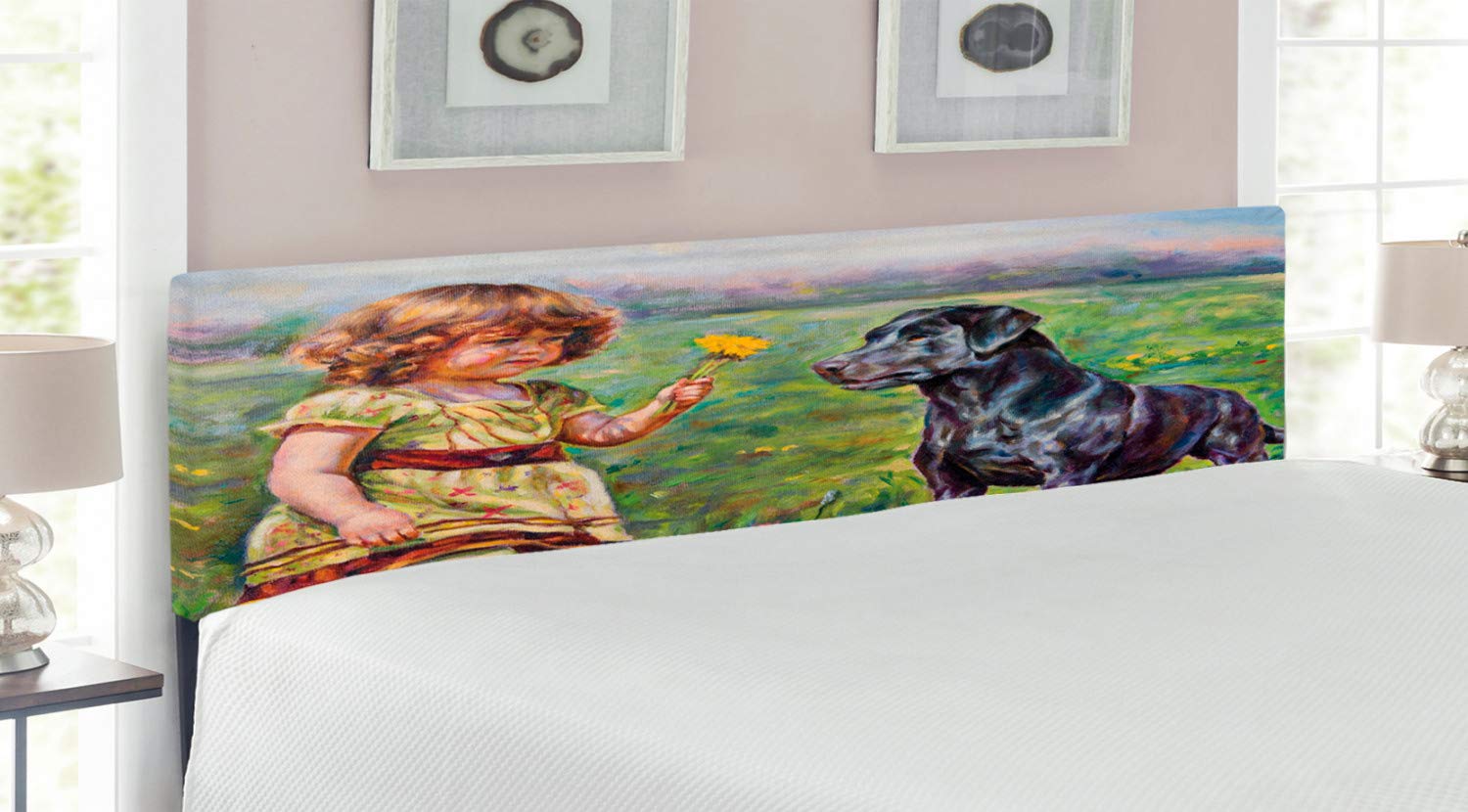 Ambesonne Country King Size Upholstered Headboard with Memory Foam - Pastoral Meadow Artwork Featuring Girl & Flower Dog - Decorative Metal Bed Frame for Cozy Bedroom Decor | Perfect for Farmhouse, Cottage & Rustic Style Homes
