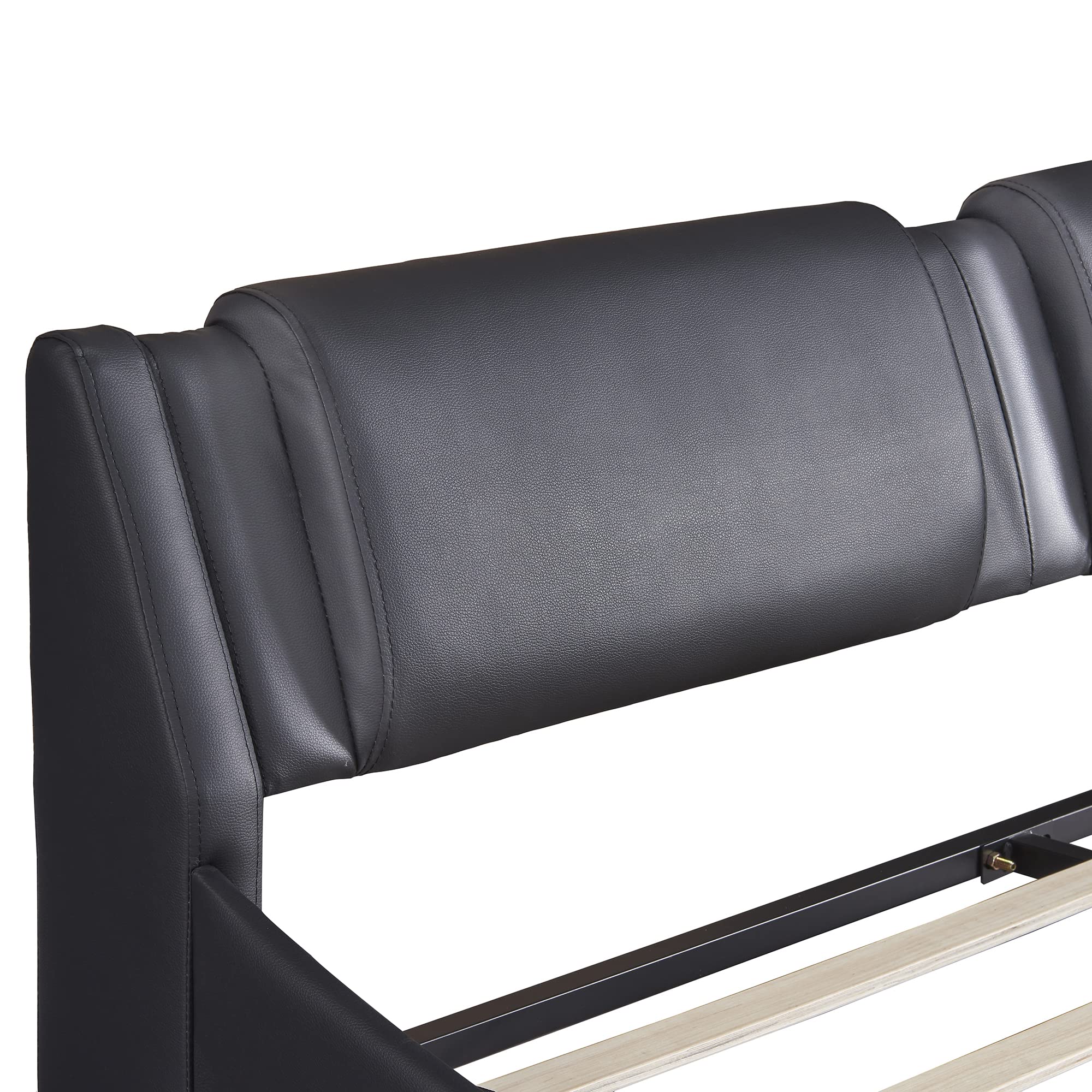 P PURLOVE Full Size Upholstered Faux Leather Platform Bed Frame with LED Lights & Slatted Support - No Box Spring Needed, Modern Bedroom Furniture for Small Spaces (Black) - Perfect for Contemporary Apartments, Dorm Rooms & Guest Bedrooms