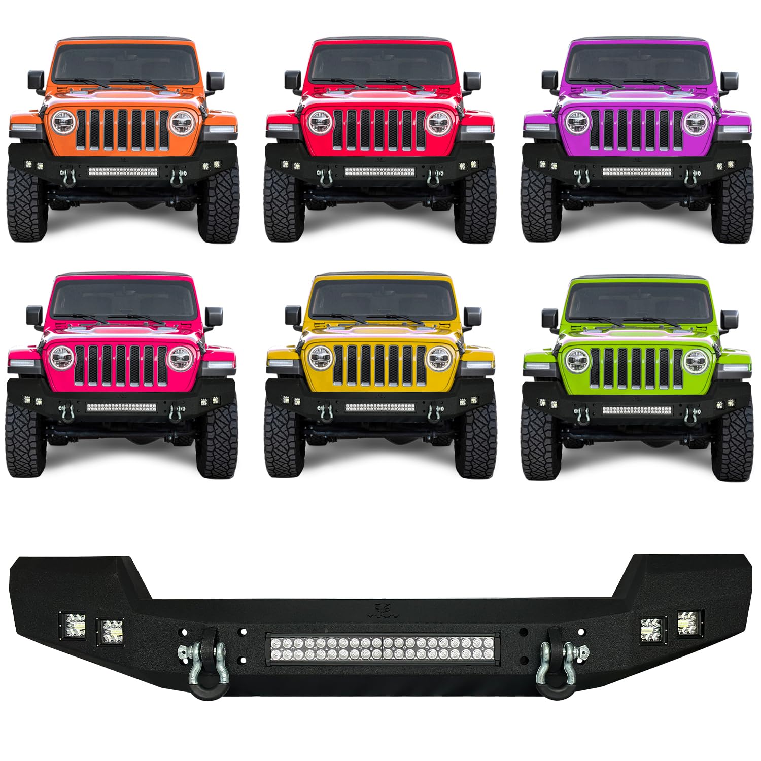 2007-2025 Jeep Wrangler JK/JKU/JL/JLU & 2020-2025 Gladiator JT Truck Front Bumper - Textured Black with 5 Aluminum LED Lights & 2 Heavy-Duty 4.75T D-Rings | Off-Road Protection & Adventure-Ready Accessory