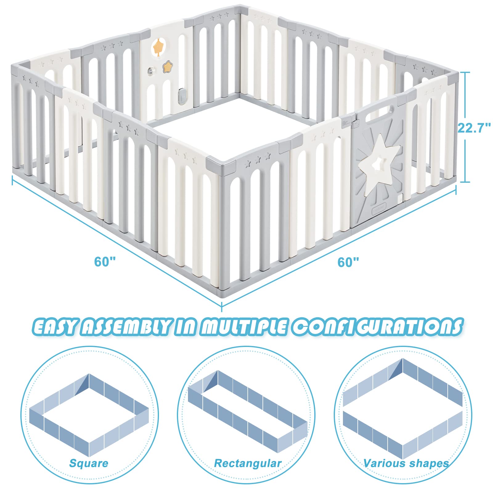 **Baby Playpen - 16 Panel Safety Baby Gate for Infants & Toddlers, Sturdy & Portable Play Yard for Indoor & Outdoor Use - Grey, White & Star Design - Perfect for Playtime, Learning & Safe Exploration**