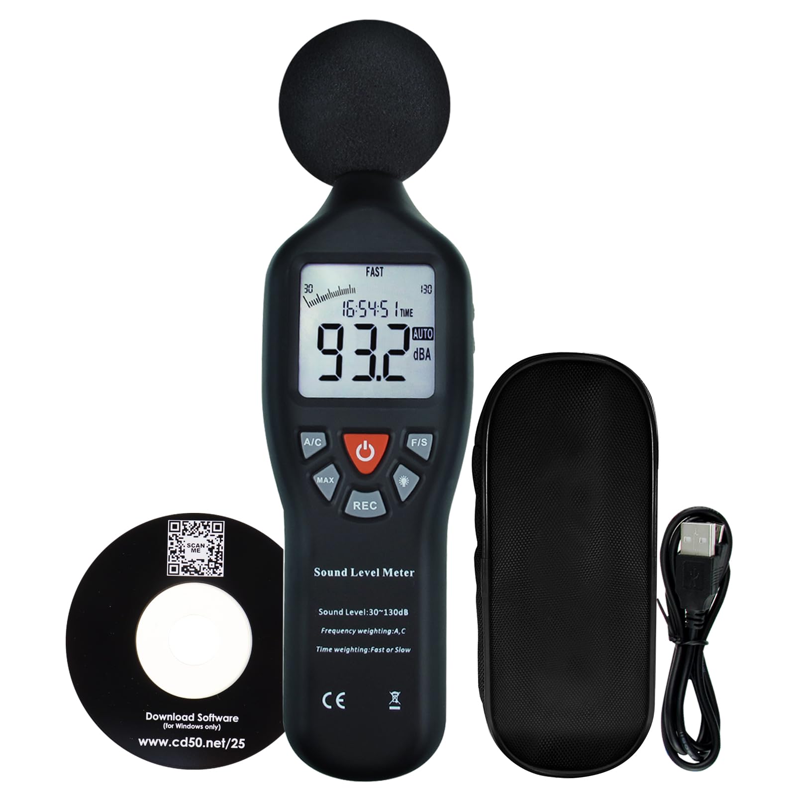 Professional Decibel Meter Sound Level Tester 30-130dB with Data Logger & Backlit LCD - Noise Measurement for Home, Workplace, and Industrial Use - Includes CD Software for Audio Analysis