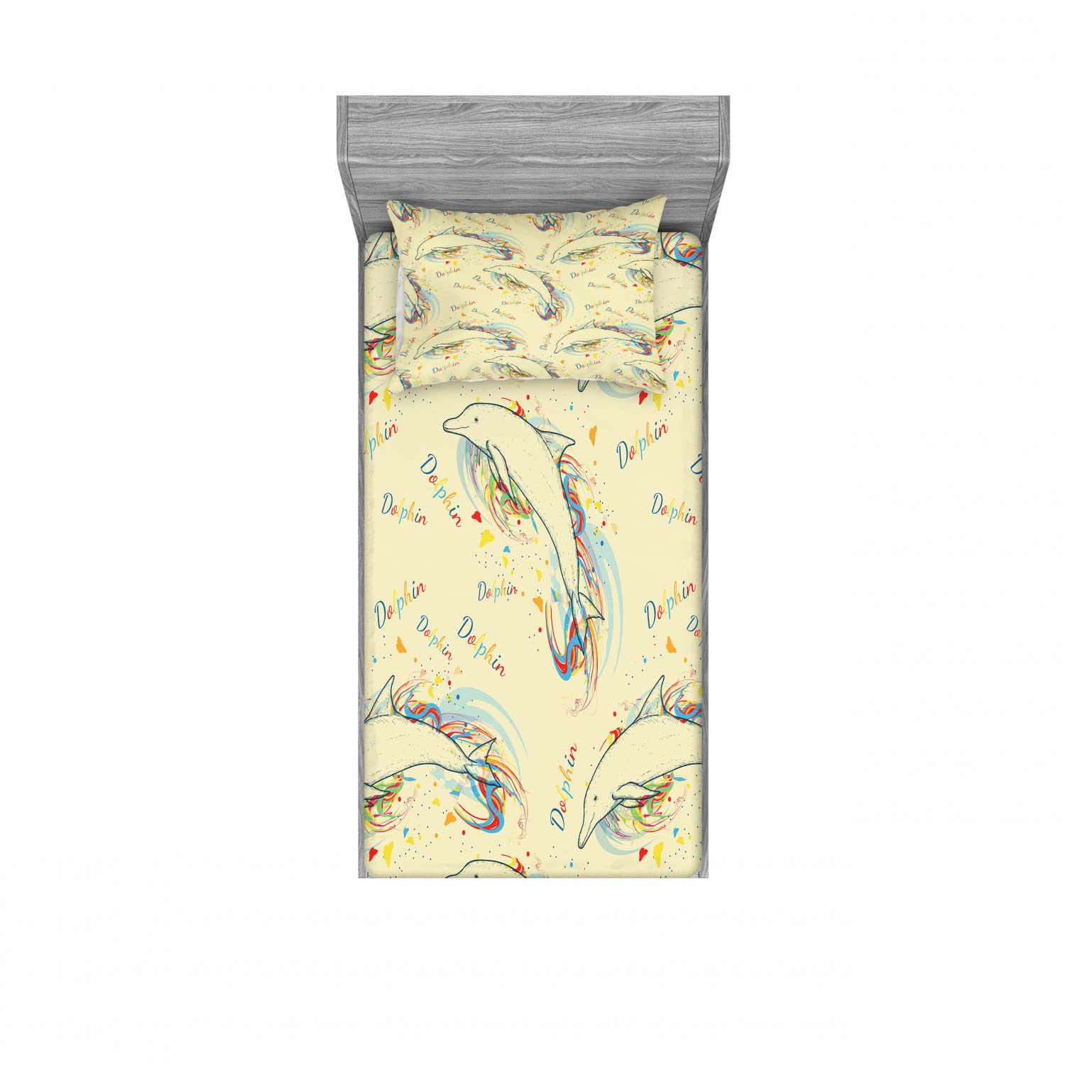 Ambesonne Ocean Life 2-Pack Twin XL Fitted Sheet & Pillow Sham Set - Swimming Dolphins Design, 4-Piece Bedding Decor for Kids & Teens - Perfect for Beach Themed Bedrooms, Dorm Rooms & Coastal Home Decor