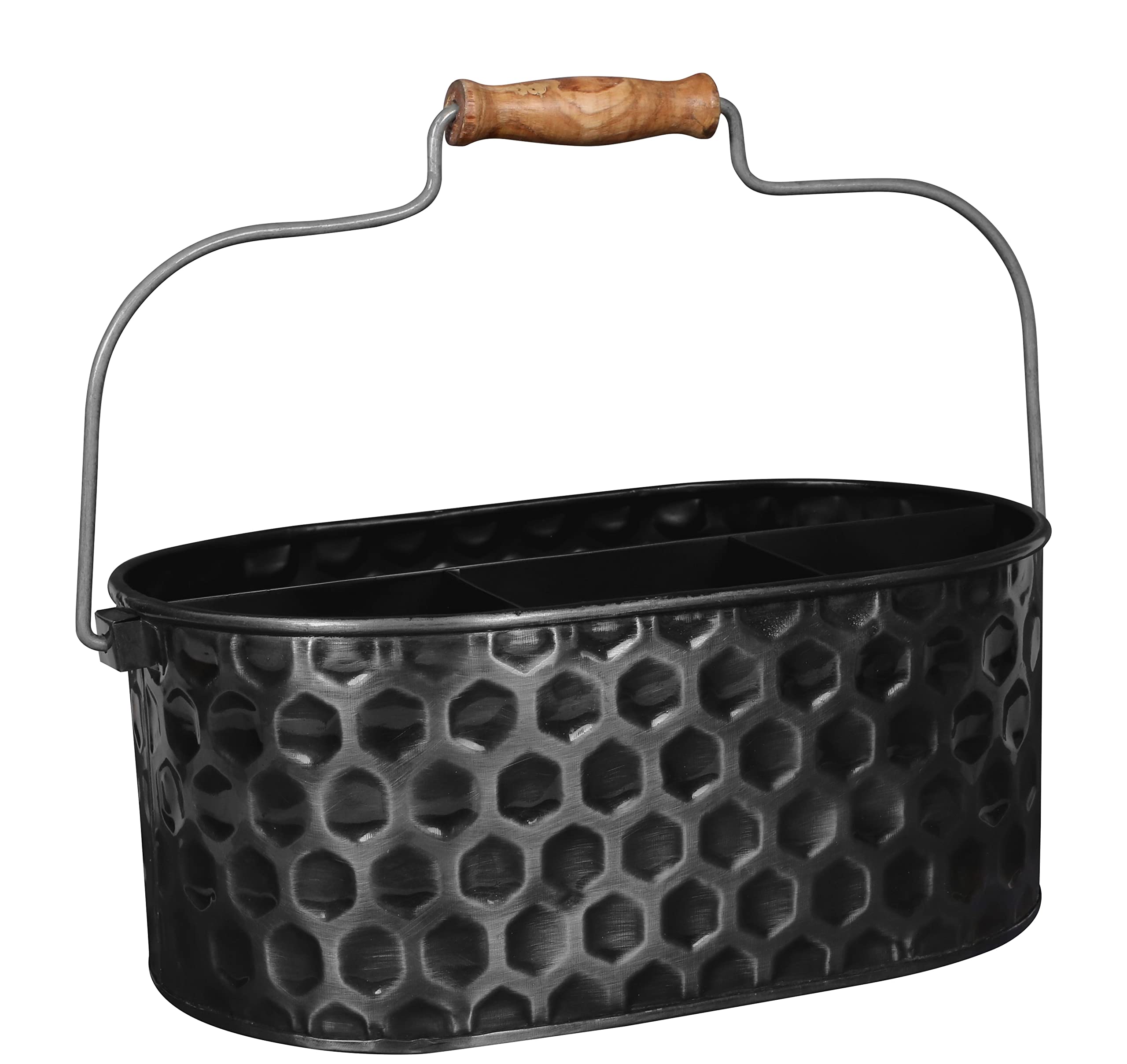Galvanized Metal Utensil Caddy Holder - Farmhouse Style Silverware Organizer for Kitchen, Outdoor Picnics & Party Serving | Rustic Tin Bucket with Hammered Zinc Finish