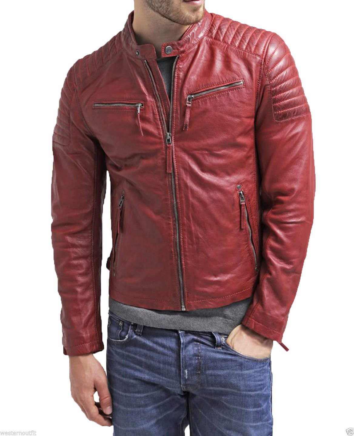 Men's Distressed Leather Motorcycle Jacket - Stylish Biker Bomber Jacket with Zipper - Red Vintage Outerwear for Riding & Casual Wear