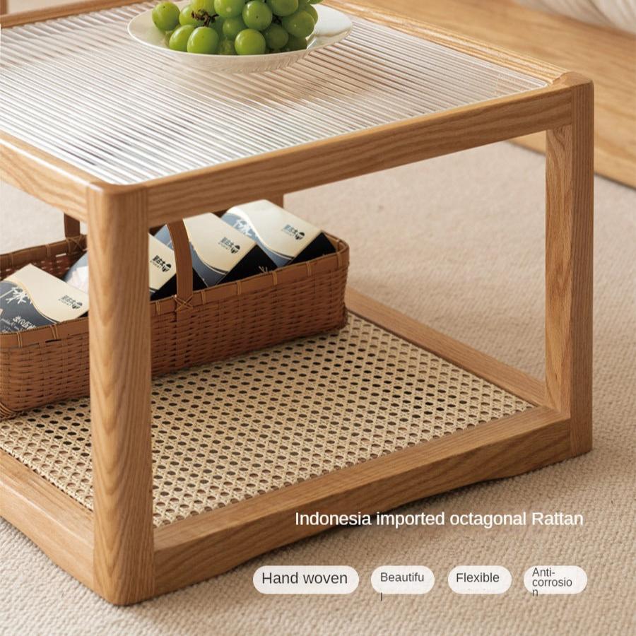 Solid Oak Wood Coffee Table with Glass Top and Rattan Shelf - Perfect for Living Room, Patio, or Outdoor Furniture Decor