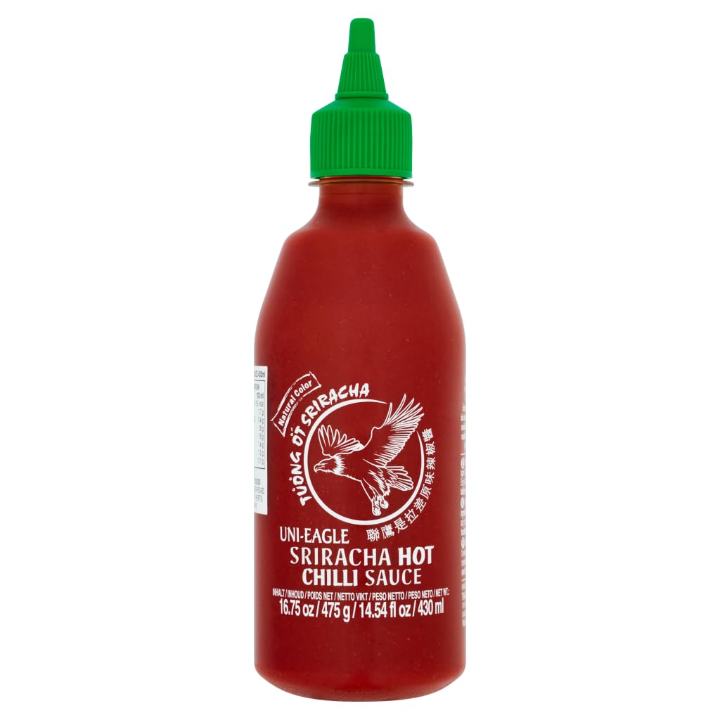 Uni-Eagle Sriracha Hot Chili Sauce with Garlic – No MSG, 16.75oz (475g) – Spicy Asian Condiment for Tacos, Wings, Noodles & Stir-Fry