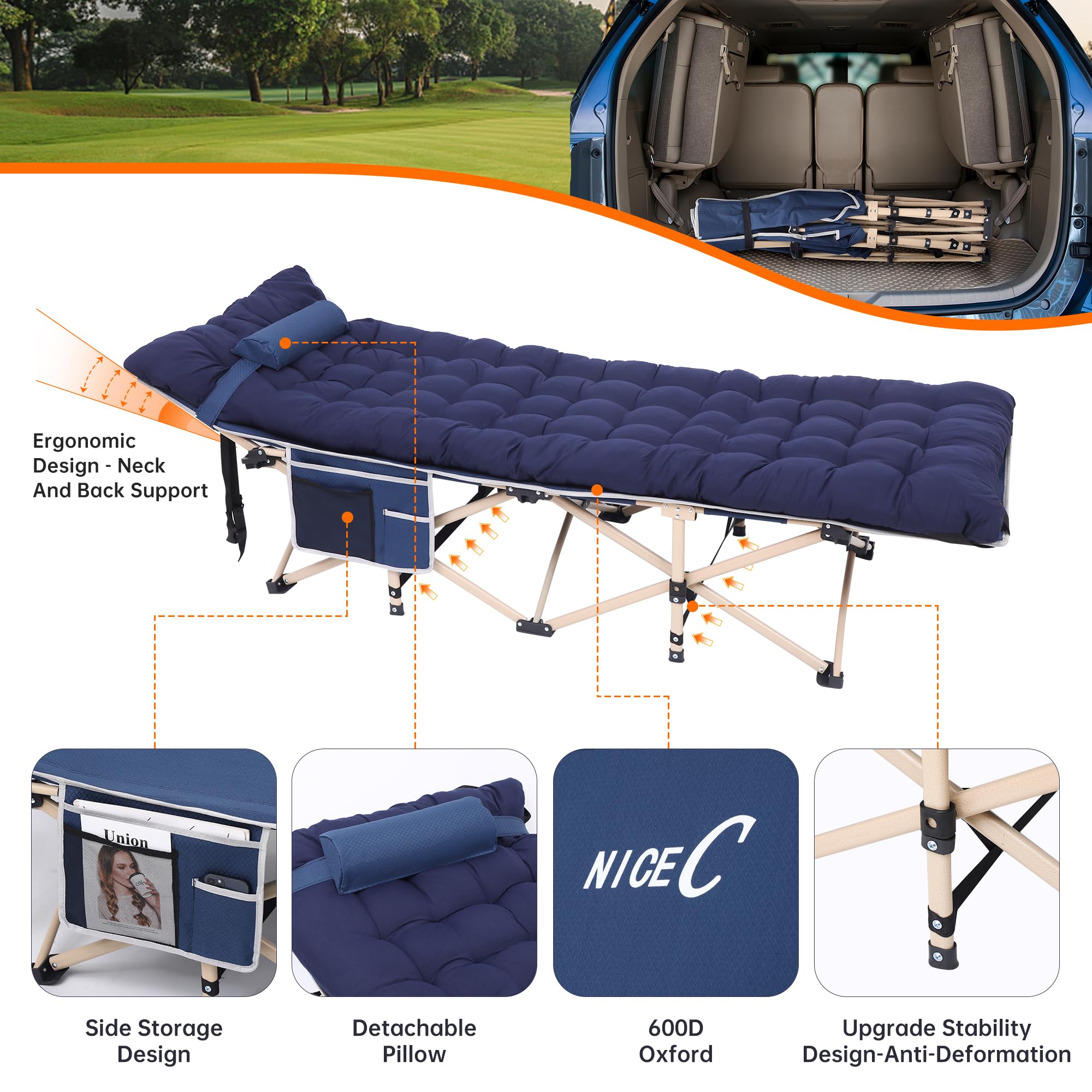 Premium Heated Camping Cot for Adults - Extra Wide Folding Cot with Mattress, Pillow & Storage Pocket - Supports 500 lbs - Navy Blue - Perfect for Outdoor Adventures, Hunting Trips & Emergency Preparedness