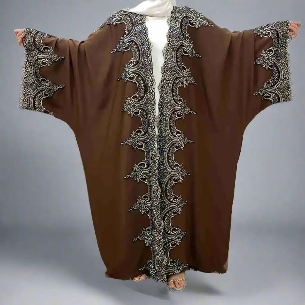 Elegant Lace Batwing Sleeve Muslim Women's Cardigan Farasha Open Abaya Dress - Modest Islamic Fashion for Prayer, Eid & Special Occasions