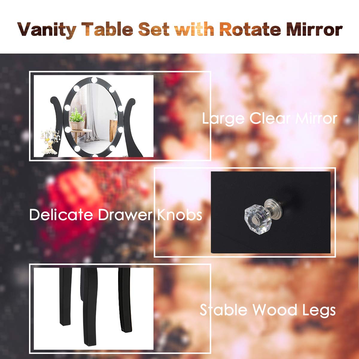 Charmaid Makeup Vanity Table with LED Lighted Mirror - Adjustable Brightness, 5 Drawers & Storage Organizer - Dressing Table with Stool for Bedroom (Black) | Perfect for Makeup Application, Skincare Routine & Home Beauty Salon Setup