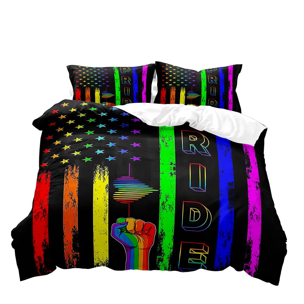 VIVIHOME 2-Piece Rainbow American Flag Duvet Cover Set - Twin Size LGBTQ Pride Bedding with 1 Pillowcase - Black Lesbian Gay Pride Comforter Cover for Bedroom Decor - Perfect for Pride Parades, LGBTQ Events & Inspirational Gifts