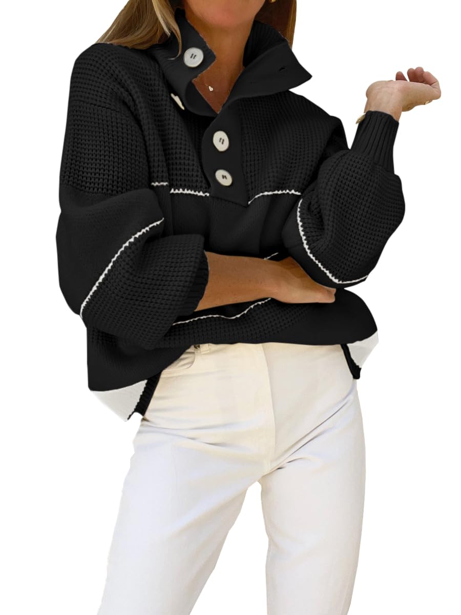 Women's Slouchy Waffle Knit Sweater - Half Button Polo Collar Pullover Striped Top | Casual Fall & Winter Fashion | Perfect for Office, Dating & Weekend Outfits