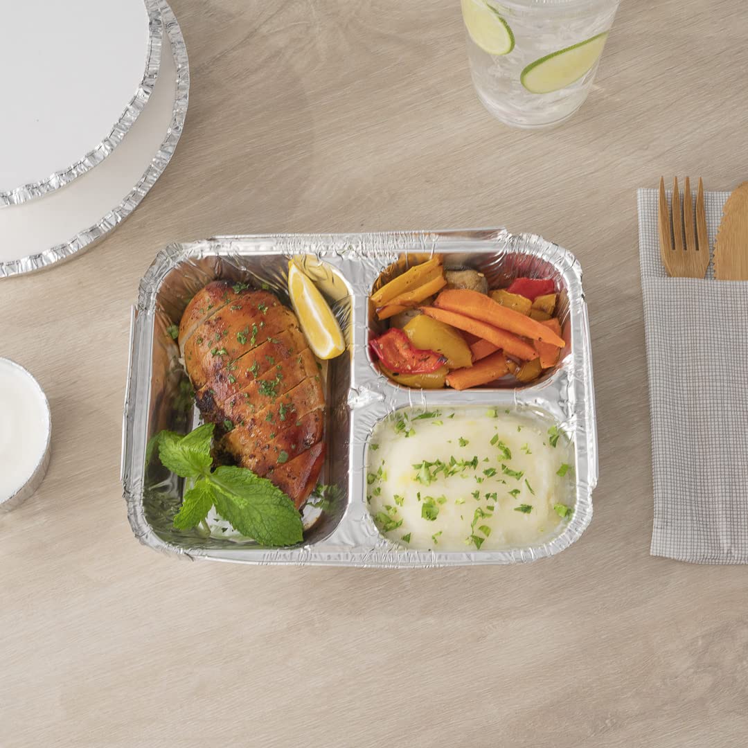 Restaurantware Foil Lux 23oz Aluminum Food Storage Containers - 100-Pack 3-Compartment Rectangle Pans for Baking, Meal Prep & Leftovers (Lids Sold Separately) | Durable & Reusable for Catering, Restaurants & Home Cooking
