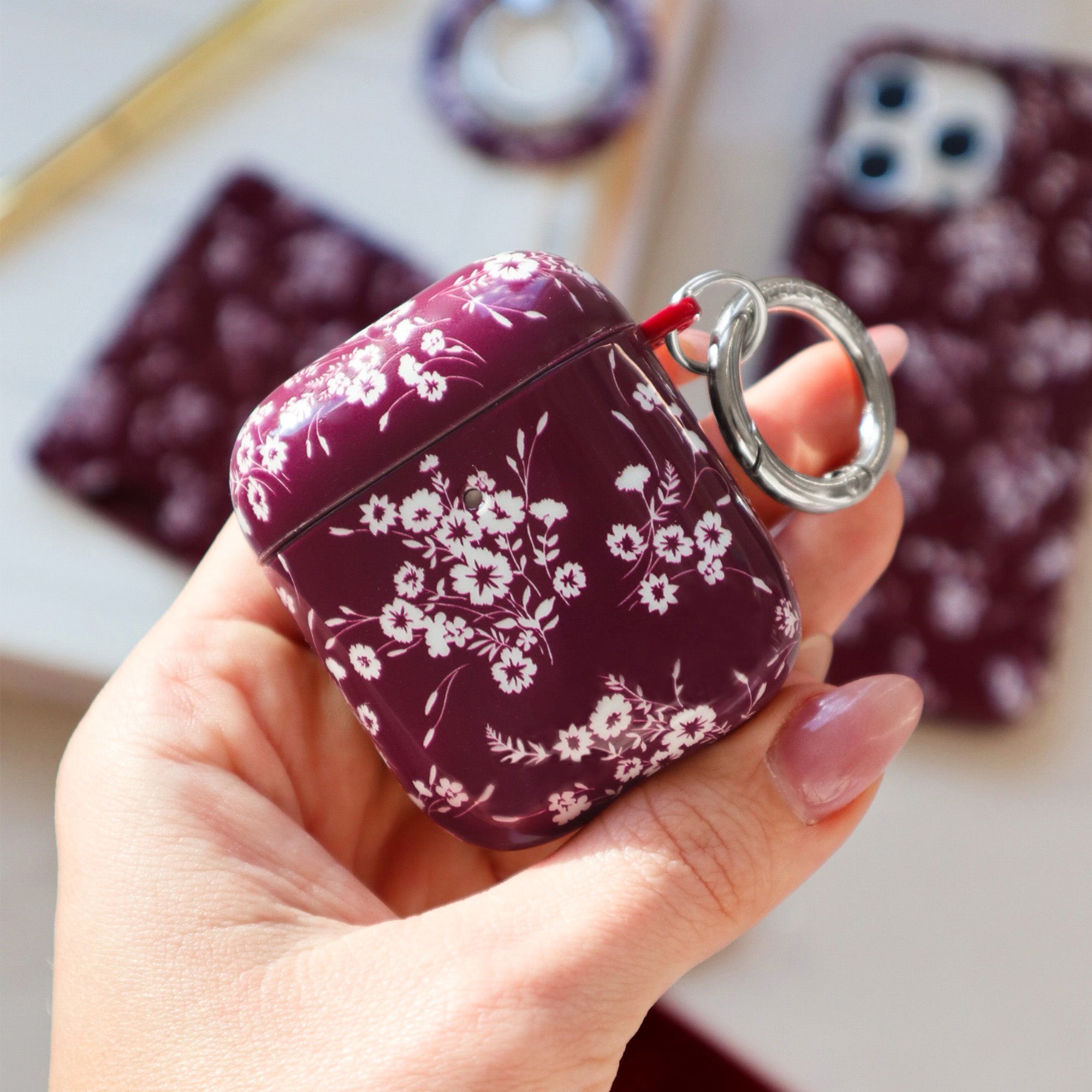 French Burgundy Floral AirPod Case - Elegant Protective Cover for AirPods 1/2/3 & Pro - Perfect for Travel, Work & Daily Use