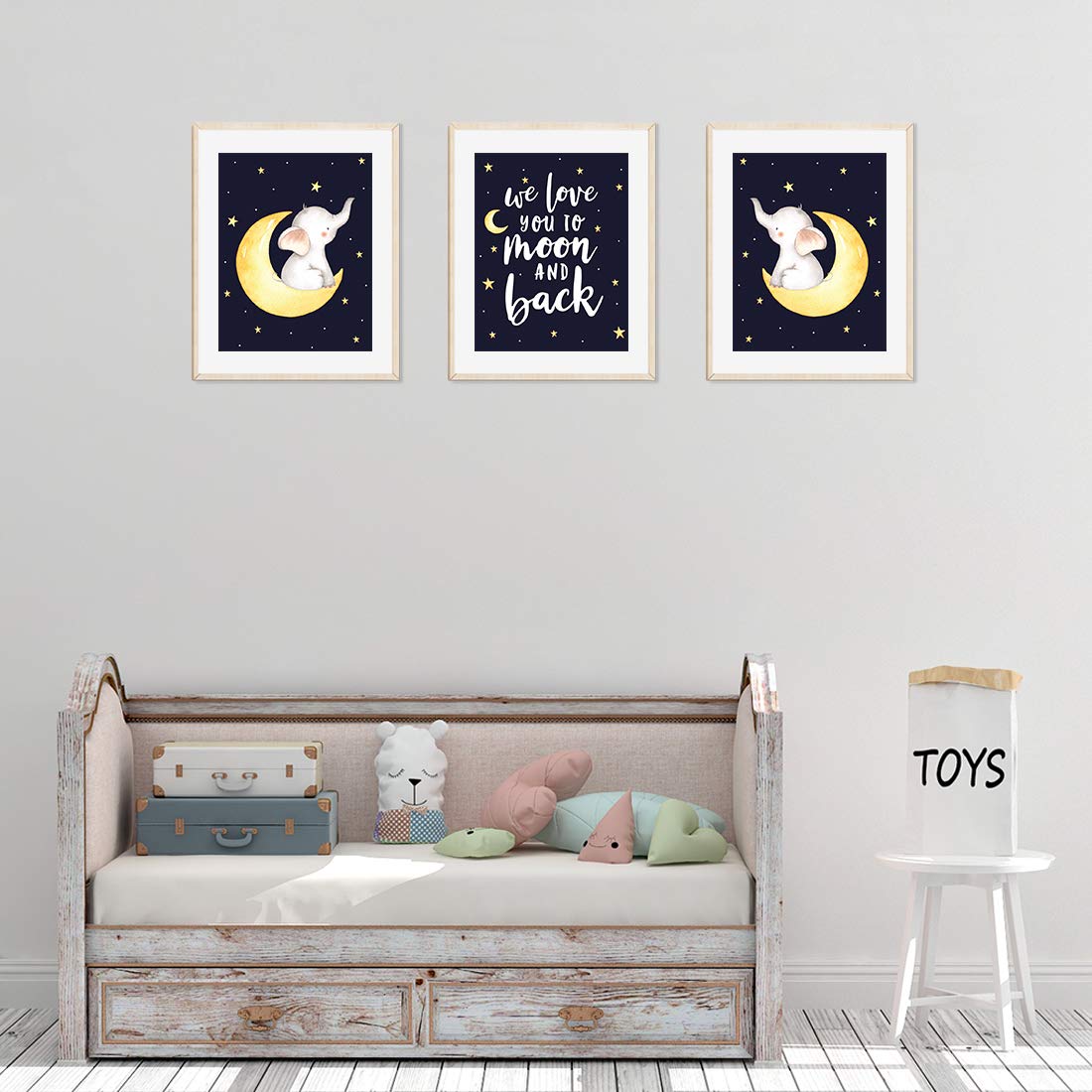 Andaz Press Nursery Kids Room Art - 3-Pack Unframed Wall Art Posters (8.5x11 Inch) - We Love You to The Moon and Back Elephant Graphic - Baby Room Decor, Nursery Wall Decor, Kids Bedroom Decor - Perfect for Baby Showers, Birthday Gifts & Nursery Theming