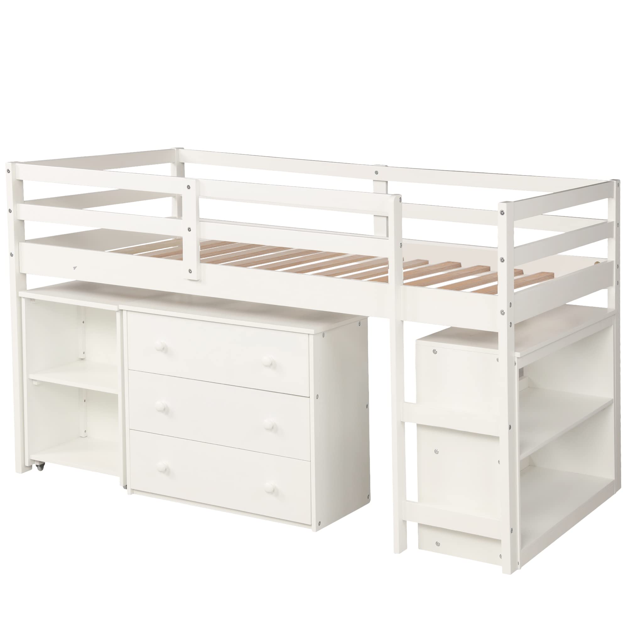 Twin Size Loft Bed with Desk and Cabinet - Low Study Loft Bed Frame with Rolling Portable Desk - Space-Saving Kids and Teens Loft Bed (White) - Perfect for Small Bedrooms, Dorm Rooms, and Home Offices