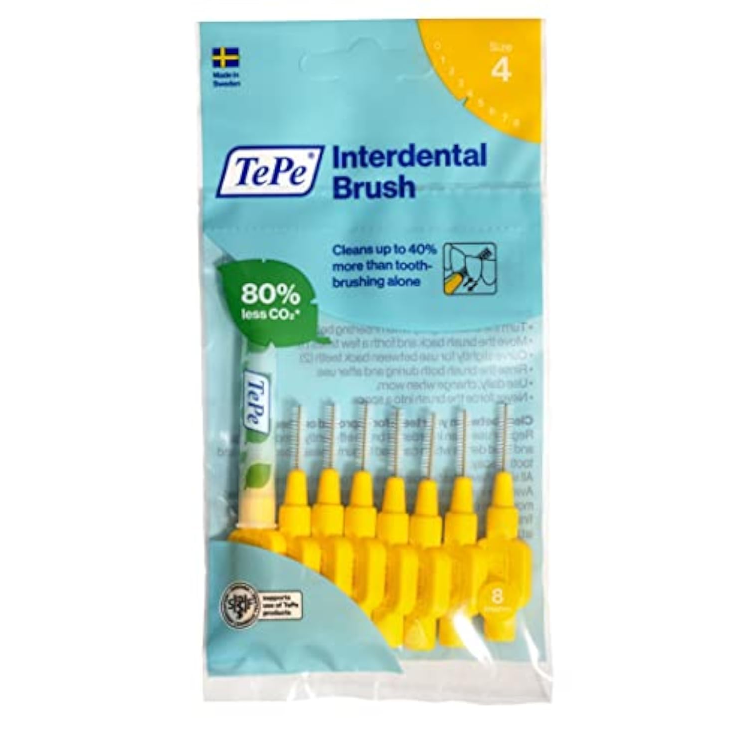 TePe Interdental Brush Original - 8 Pack, 0.7mm/ISO 4 Yellow - Effective Plaque Remover for Narrow Teeth Gaps | Gentle Dental Cleaning Tool | Perfect for Travel, Home & Office Oral Care