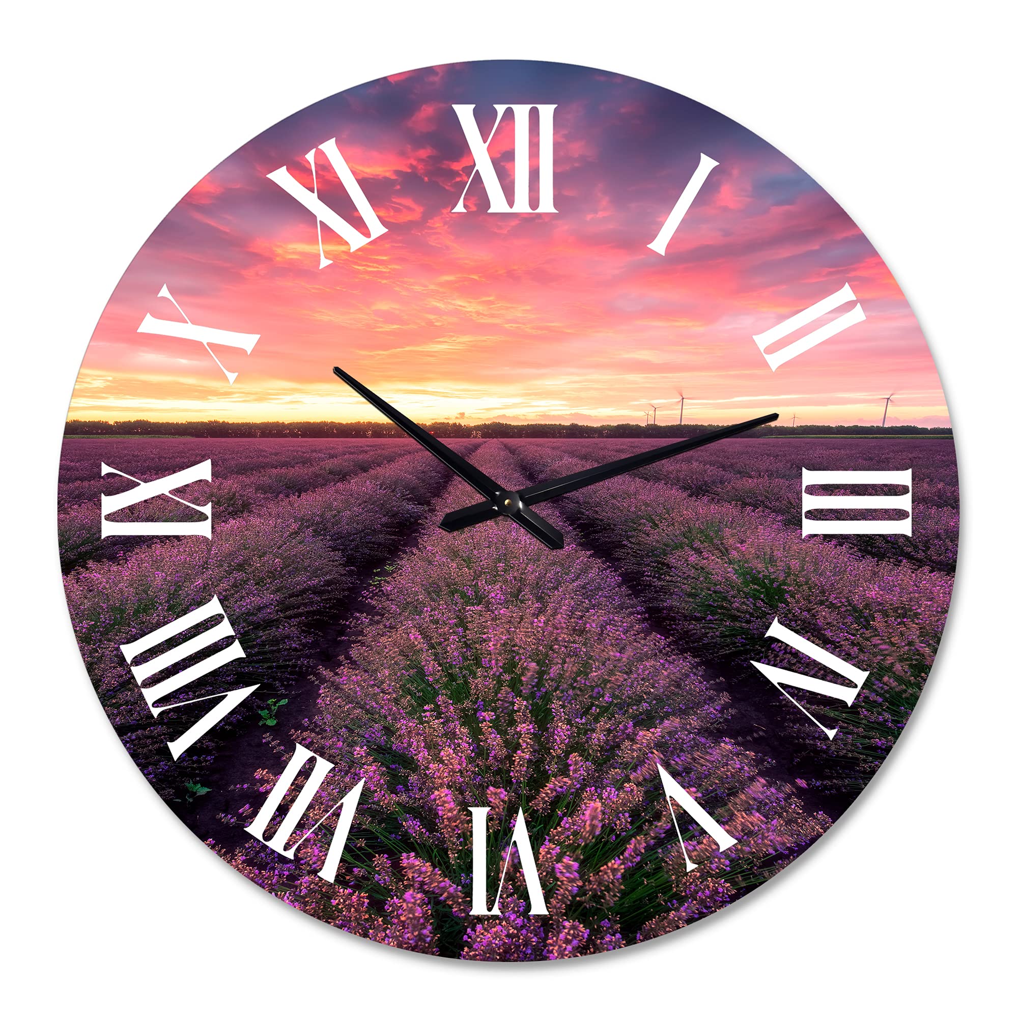 DesignQ Farmhouse Wall Clock - Sunrise & Dramatic Clouds Over Lavender Field XIV - Large Landscape Nature Wall Clock for Living Room, Kitchen, Bedroom Decor - Perfect for Home, Office & Gift Giving