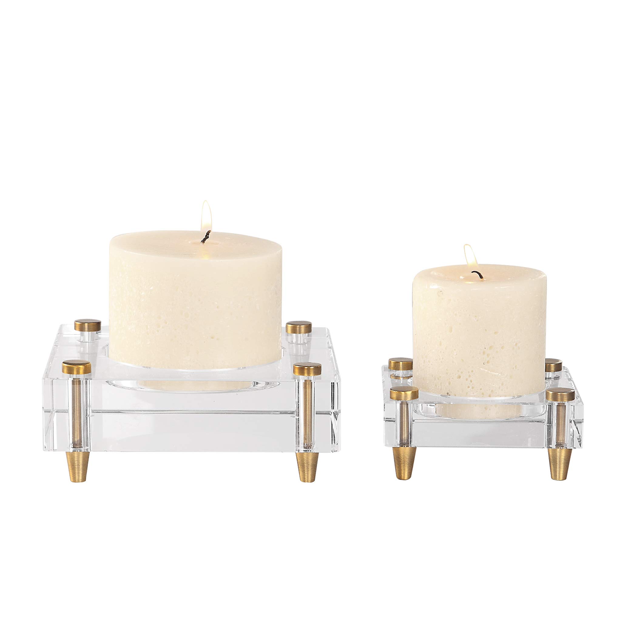 Luxury Minimalist Crystal Block Candle Holder Set of 2 - Square Gold Pillar Candle Stand for Wedding, Home Decor, Table Centerpiece, Romantic Dinner & Spa Ambiance