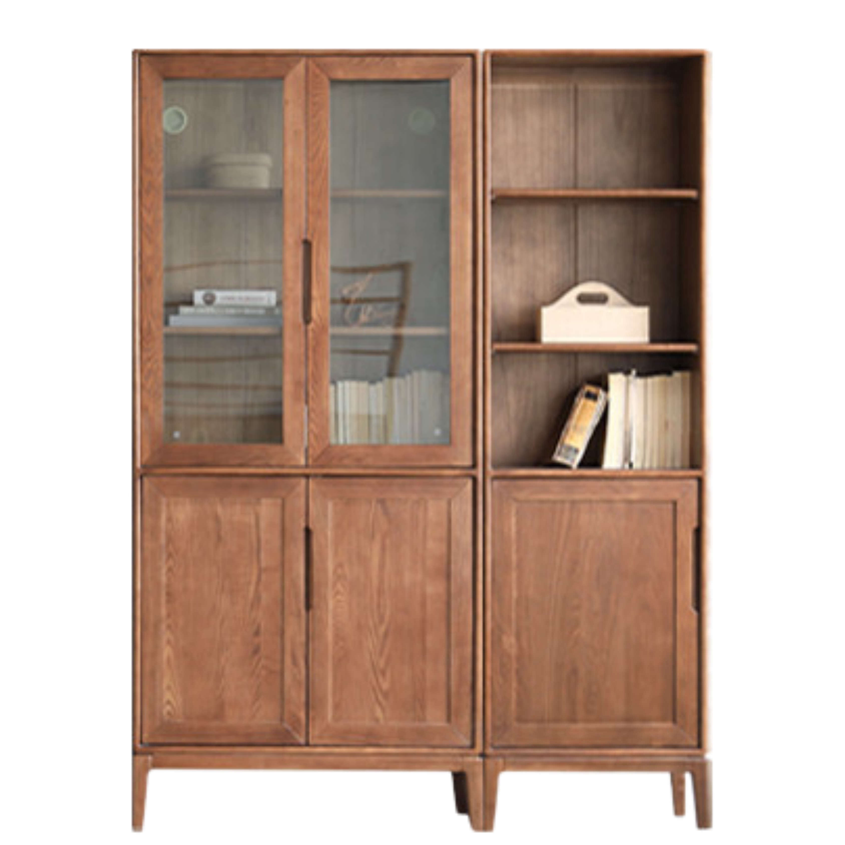 Premium Black Walnut & Ash Solid Wood Bookcase with Dust-Proof Glass Doors - Stylish Home Office & Living Room Storage Solution