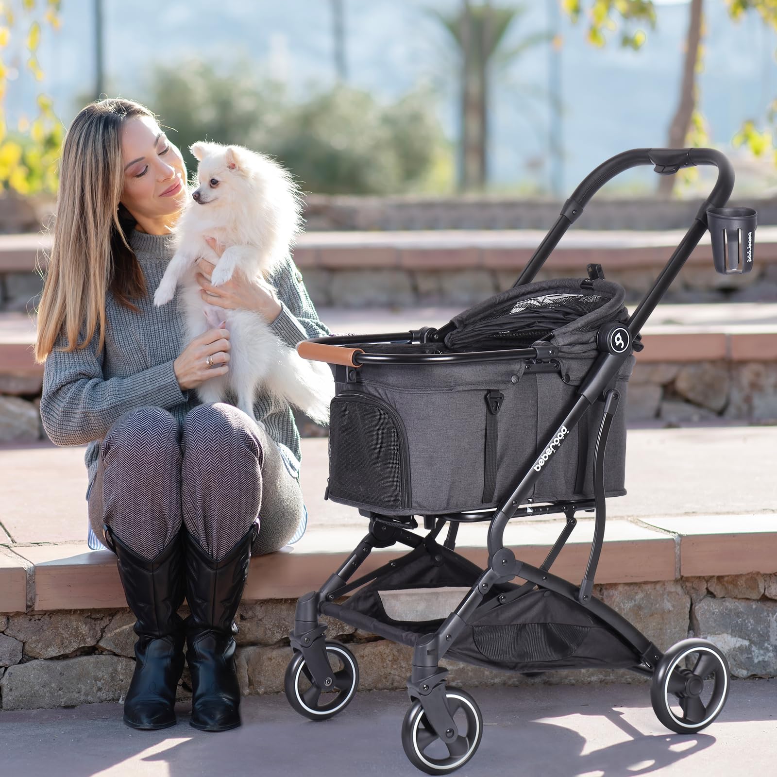 T3 3-in-1 Small Pet Stroller for Dogs & Cats - 4-Wheel Lightweight Folding Stroller with Removable Carrier, Cushion Pad, Sun Canopy & Cup Holder - Perfect for Walking, Shopping & Outdoor Adventures (Black)