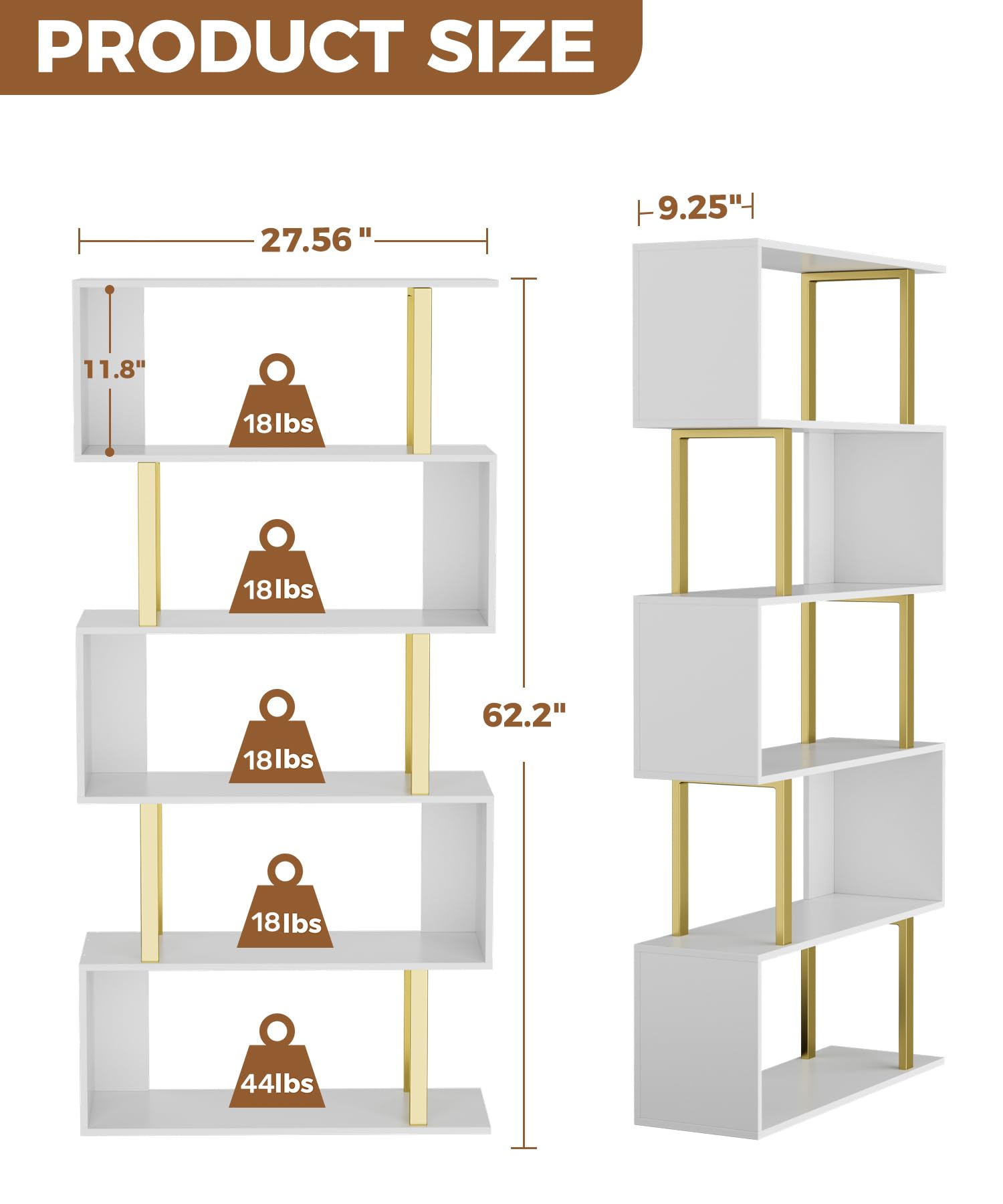 Gadroad 5-Tier Geometric Bookcase - Modern S-Shaped Wooden Bookshelf with Gold Finish, Freestanding Decorative Storage Shelf for Living Room & Bedroom | Perfect for Displaying Books, Decor & Collectibles