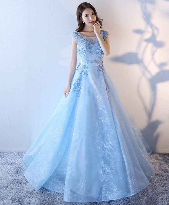 Elegant Light Blue Lace Tulle Long Prom Dress for Women - Formal Evening Gown with Floral Embroidery - Perfect for Homecoming, Wedding Guest & Special Occasions