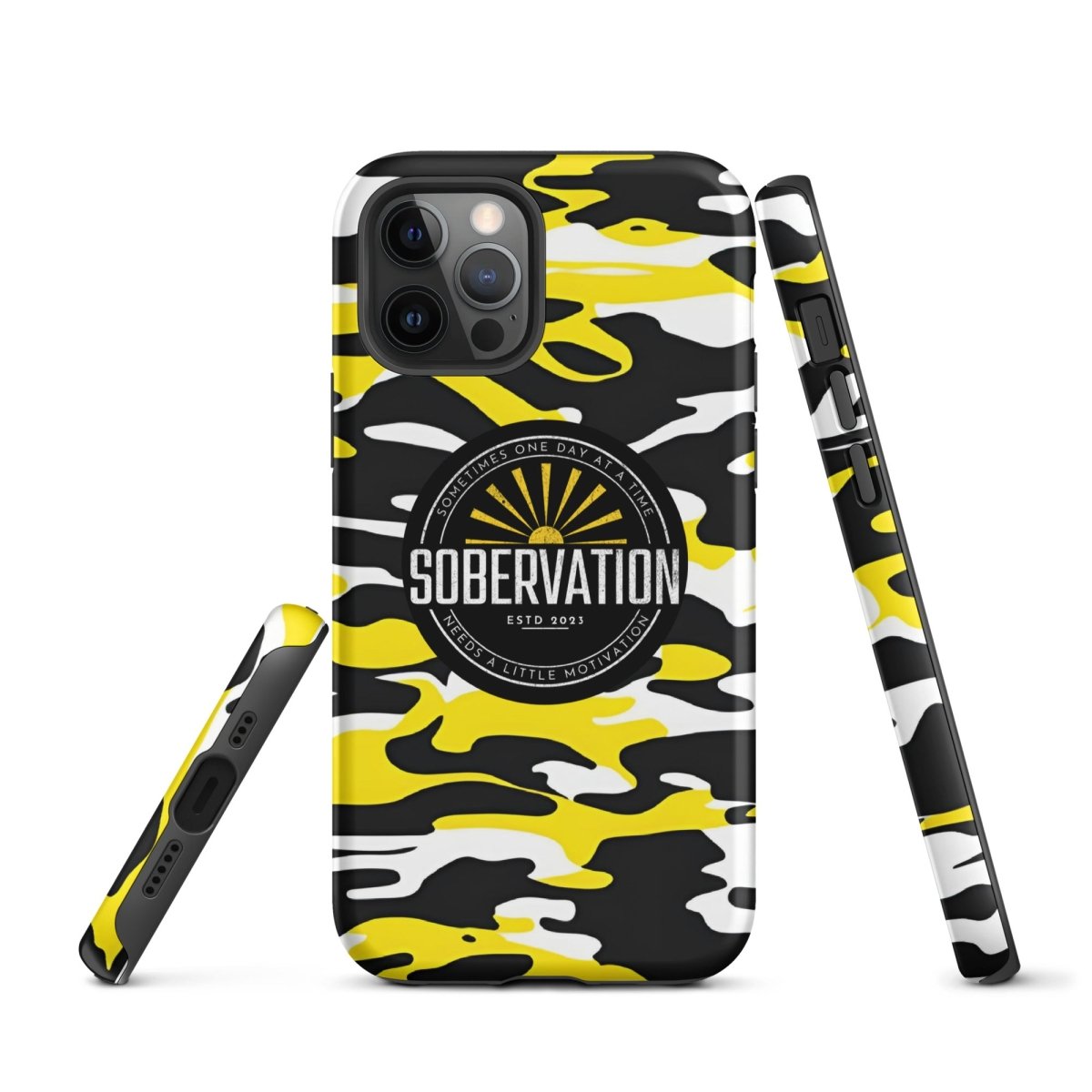 Sobervation Yellow Camo iPhone Case - Durable Shockproof Protective Cover for iPhone 14/13/12/11 Pro Max XR XS - Perfect for Outdoor Adventures, Hiking & Travel
