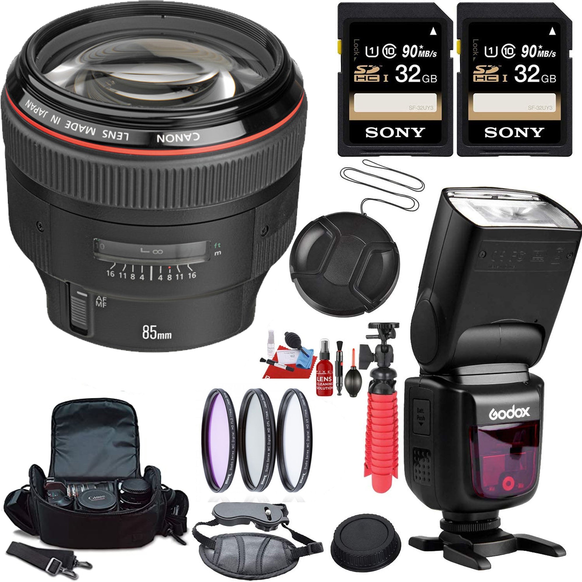 Canon EF 85mm f/1.2L II USM Portrait Lens with Godox Flash Kit - Includes 2x 32GB Sony Memory Cards | Perfect for Wedding, Studio & Professional Photography