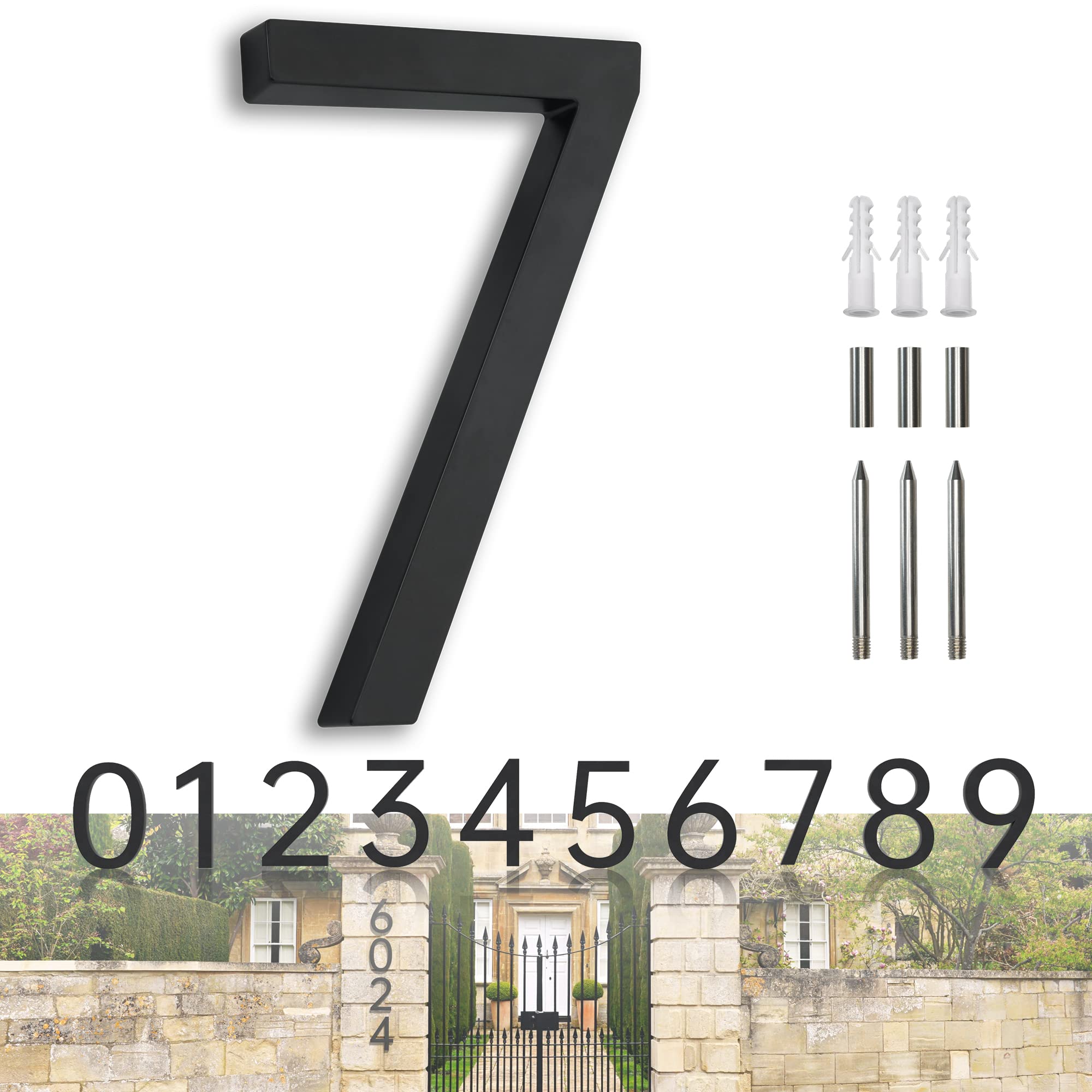 Modern Black 7-Inch Large Metal House Numbers - Floating Exterior Address Plaque for Home, Street & Mailbox (Weatherproof & Easy to Install) | Perfect for Front Door, Porch, Fence & Outdoor Visibility
