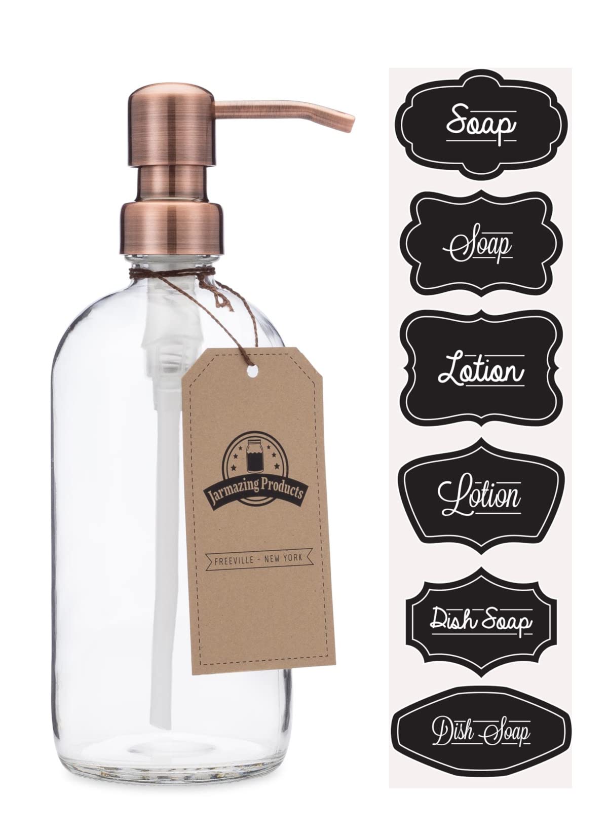 Clear Glass Pint Jar Soap and Lotion Dispenser with Metal Pump (Copper) - Perfect for Bathroom, Kitchen & Vanity Organization | Eco-Friendly Refillable Container for Liquid Soap, Hand Wash & Lotion