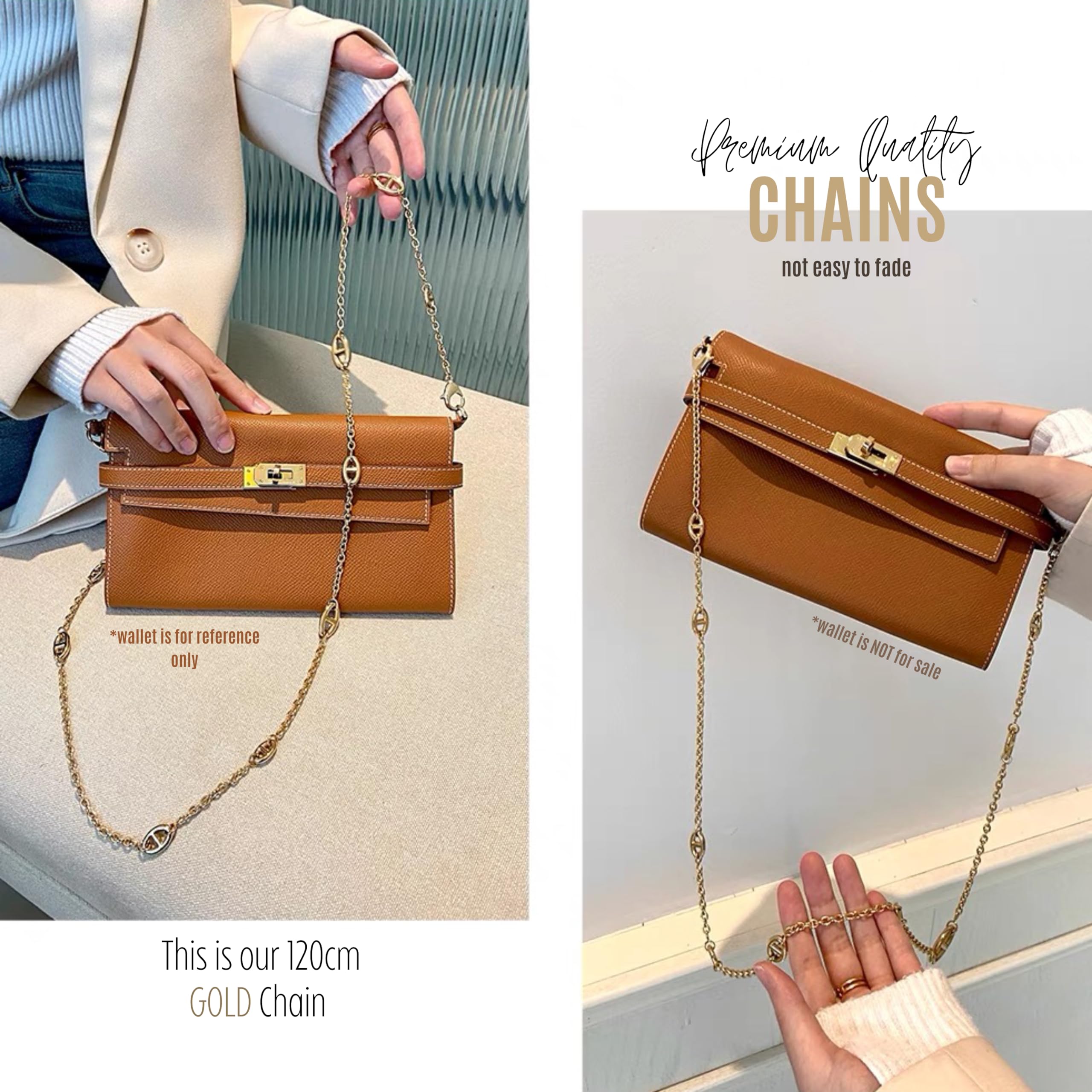 Premium Kelly Wallet Conversion Kit - Gold & Silver Chain Strap Insert for Hermès Kelly Bag (Black, 120cm Gold Chain) | Luxury Bag Organizer for Women, Perfect for Parties & Daily Use