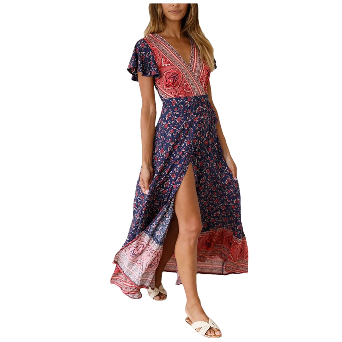 Neoucdy Women's Bohemian Floral Print Summer Dress - Casual Short Sleeve Long Maxi Dress for Beach, Vacation & Outdoor Parties